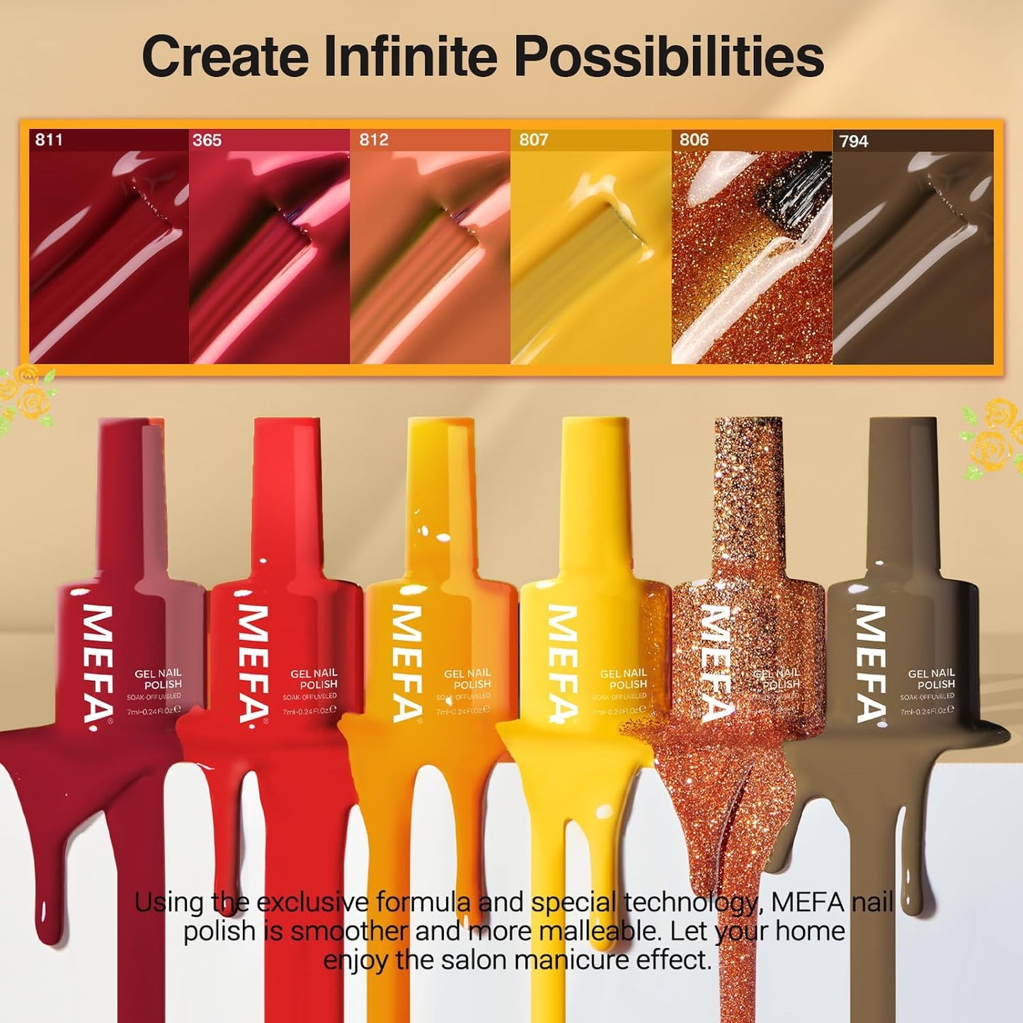 6 Colors Fall Gel Nail Polish Set, Shades Orange Red Brown Glitter Yellow Soak o