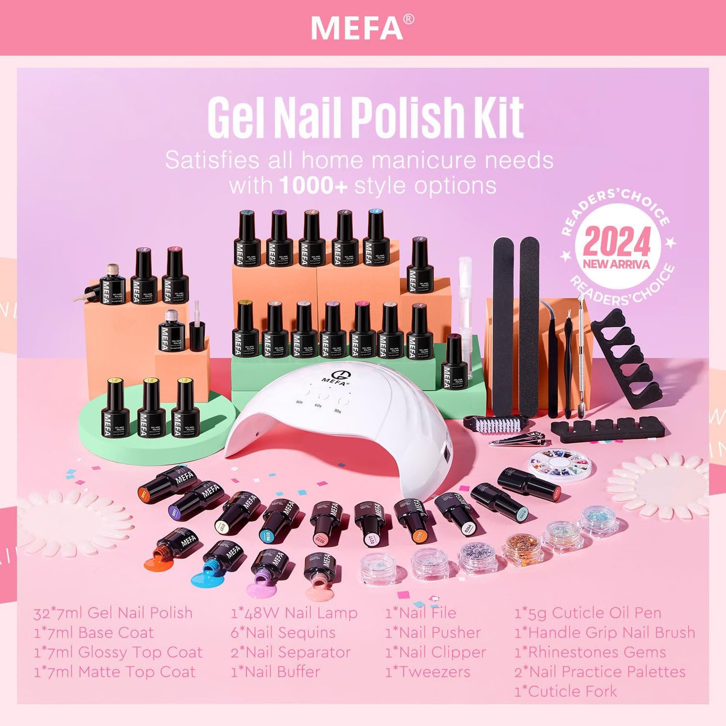 32 Colors Gel Nail Polish Kit with U V Light, 54 Pcs Nude Pink Popular Gel Nail