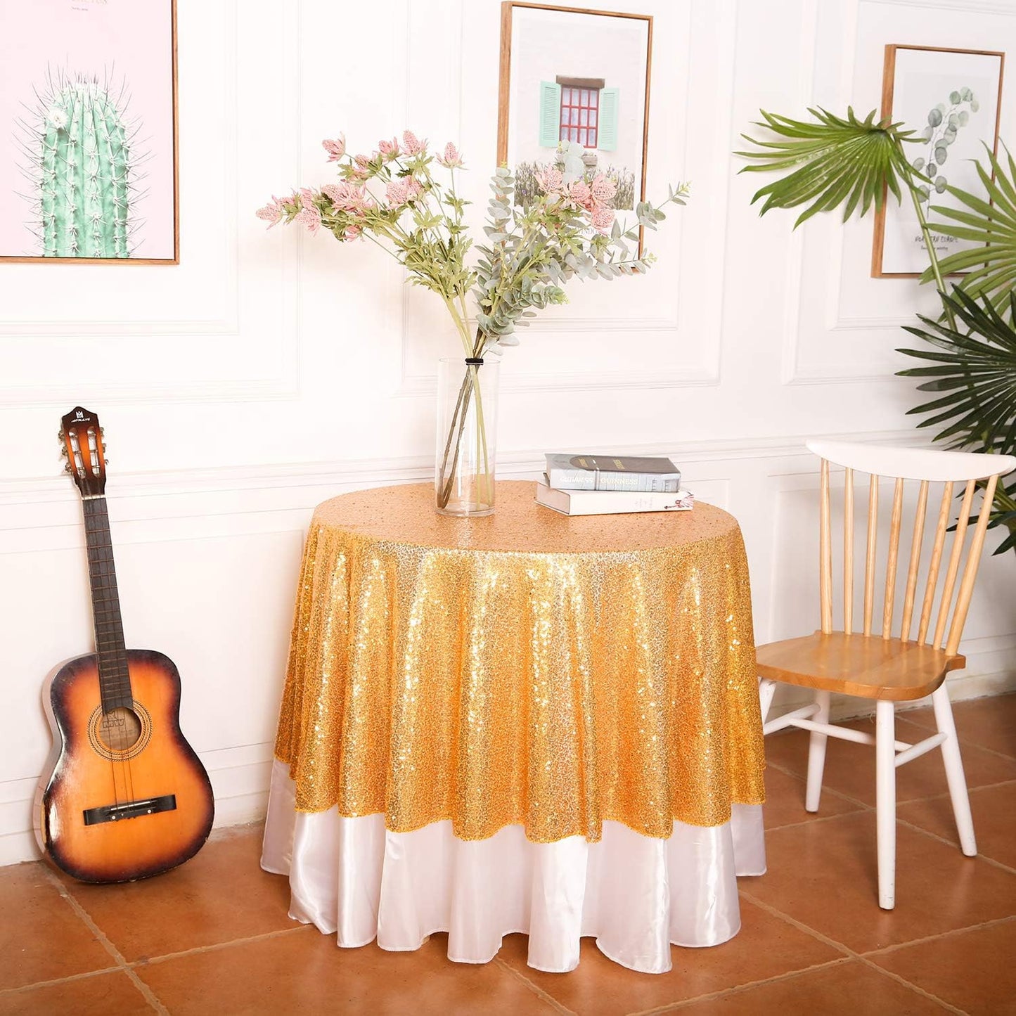 Yellow Gold Sequin Tablecloth 120-Inch Sparkly Overlay round Glitter Table Cover