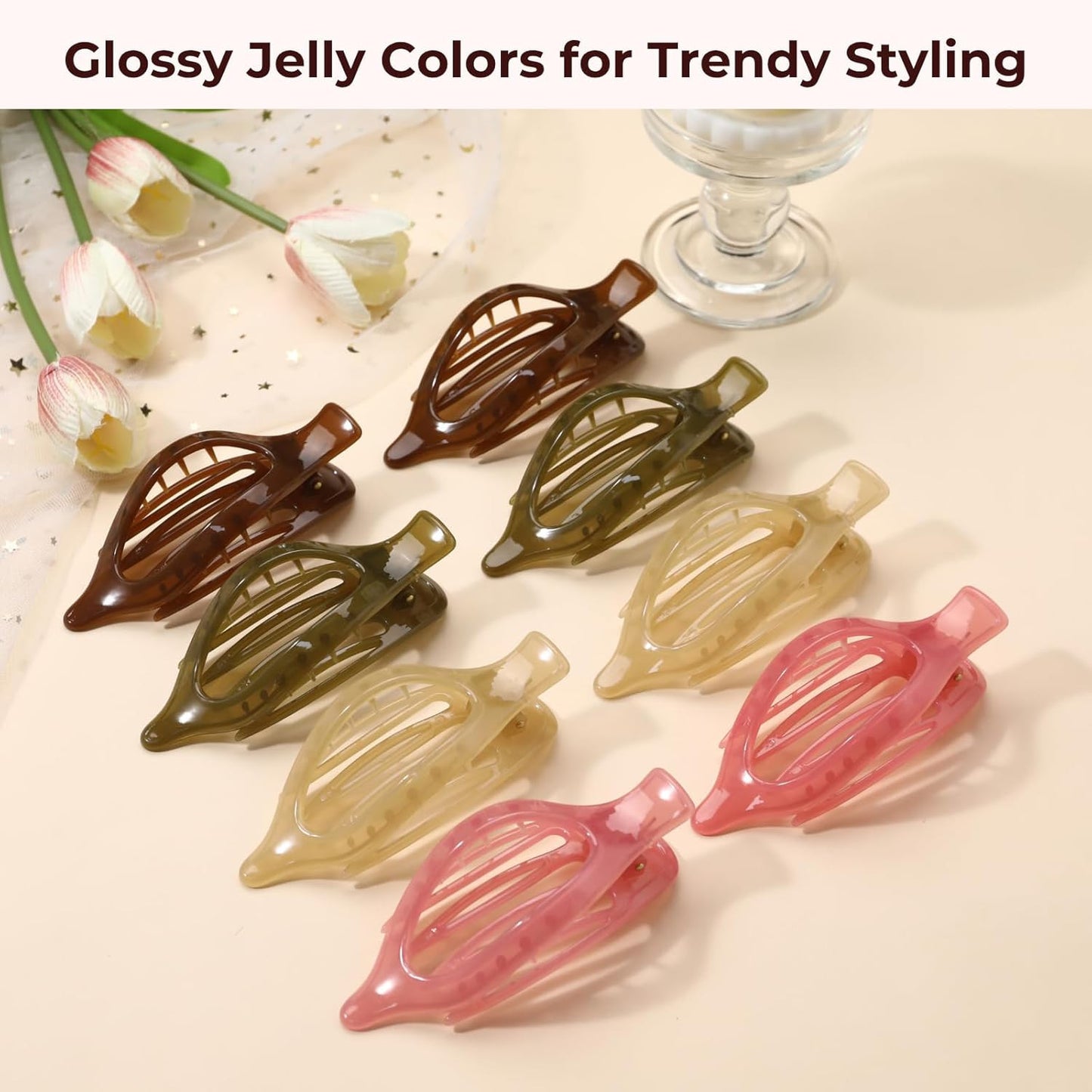 8 Pack Jelly Style Flat Hair Clips – Translucent Claw Clips in Pink, Brown, Beig