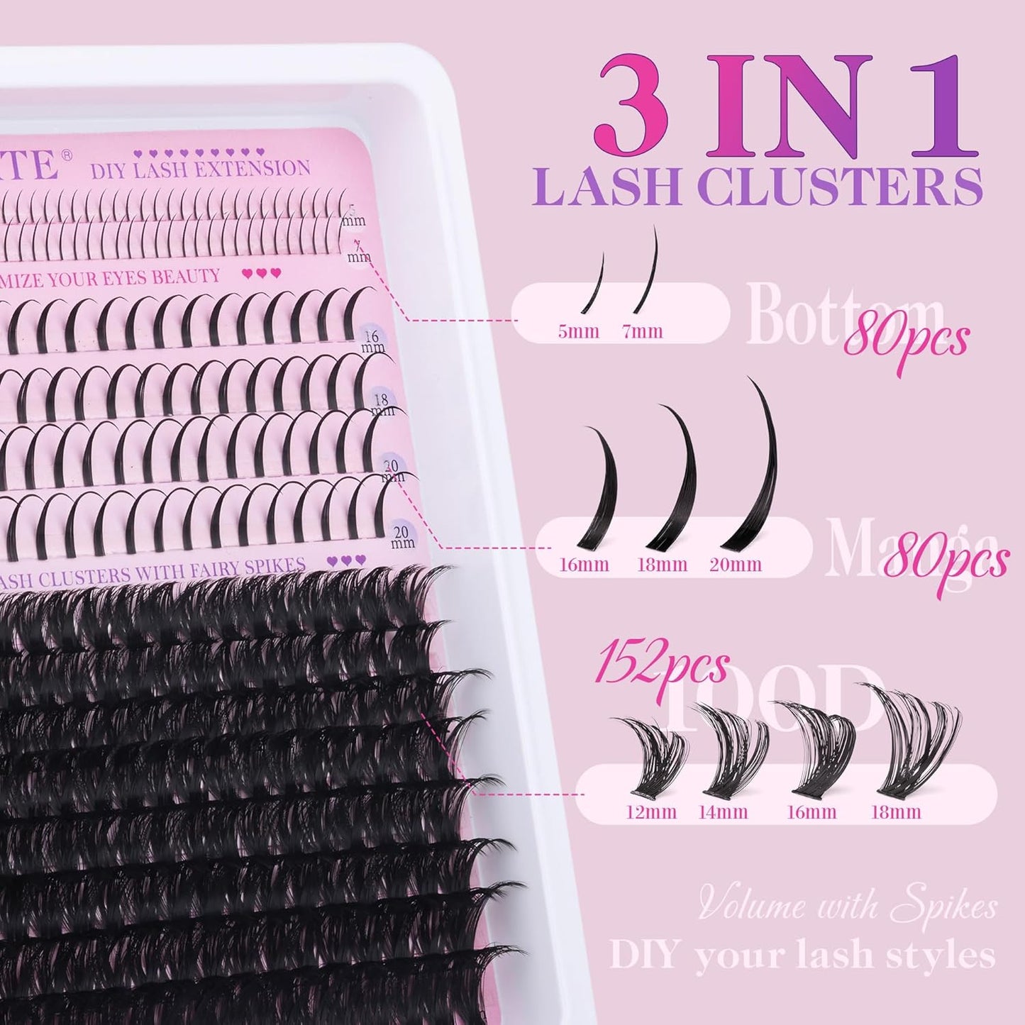 100D Lash Clusters Kit with Bottom Lashes Spikes DIY Lash Extension Kit Thick Cl
