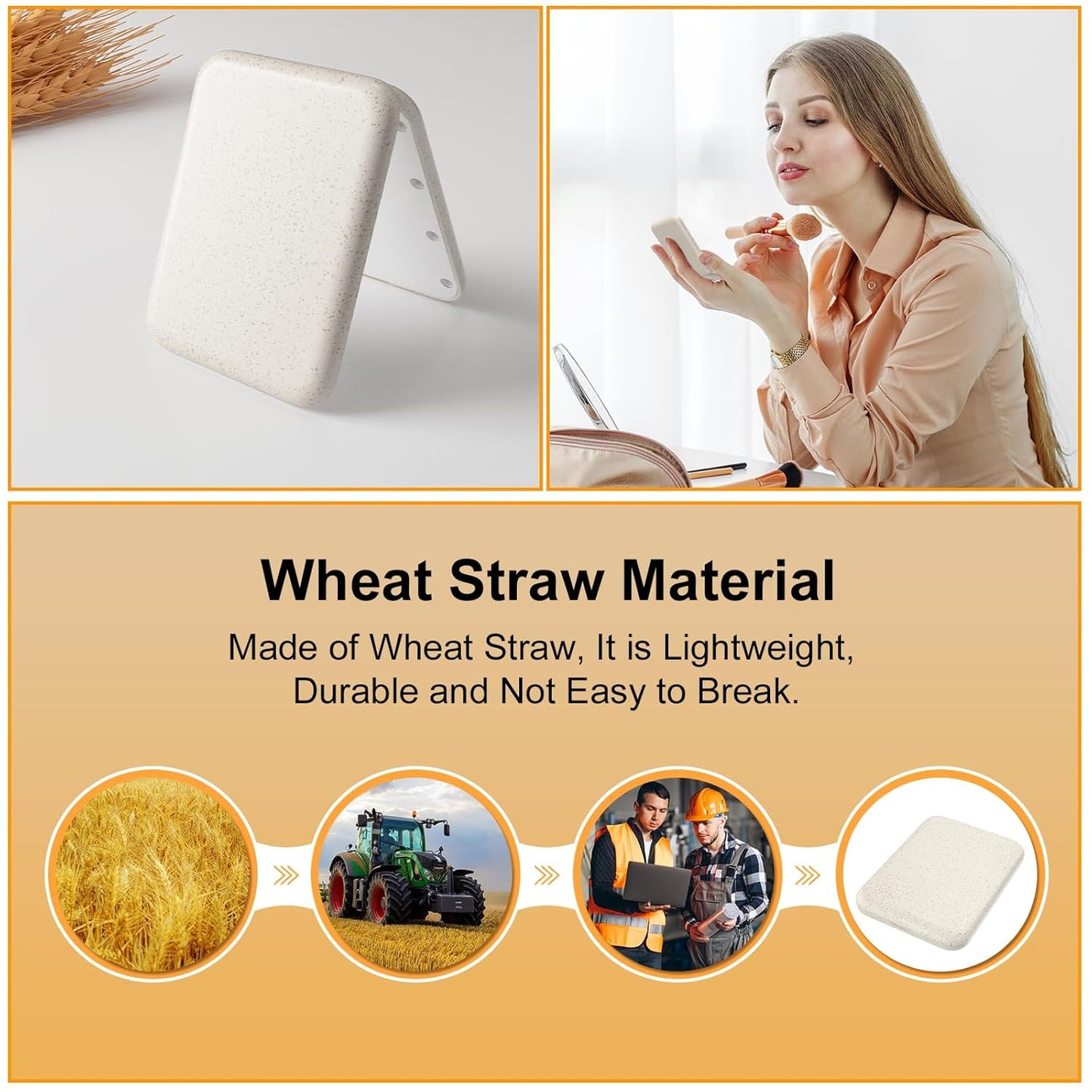Wheat Straw Compact Mirror, 1X/3X Magnification, Lighted, Folding, Portable, Eco