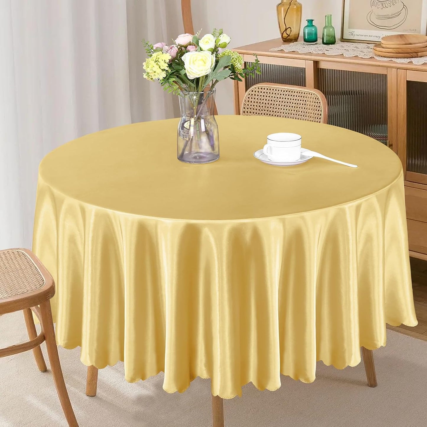1 Pack 84 Inch / 7Ft round Tablecloth Satin Table Cover, Gold Table Cloth Overla