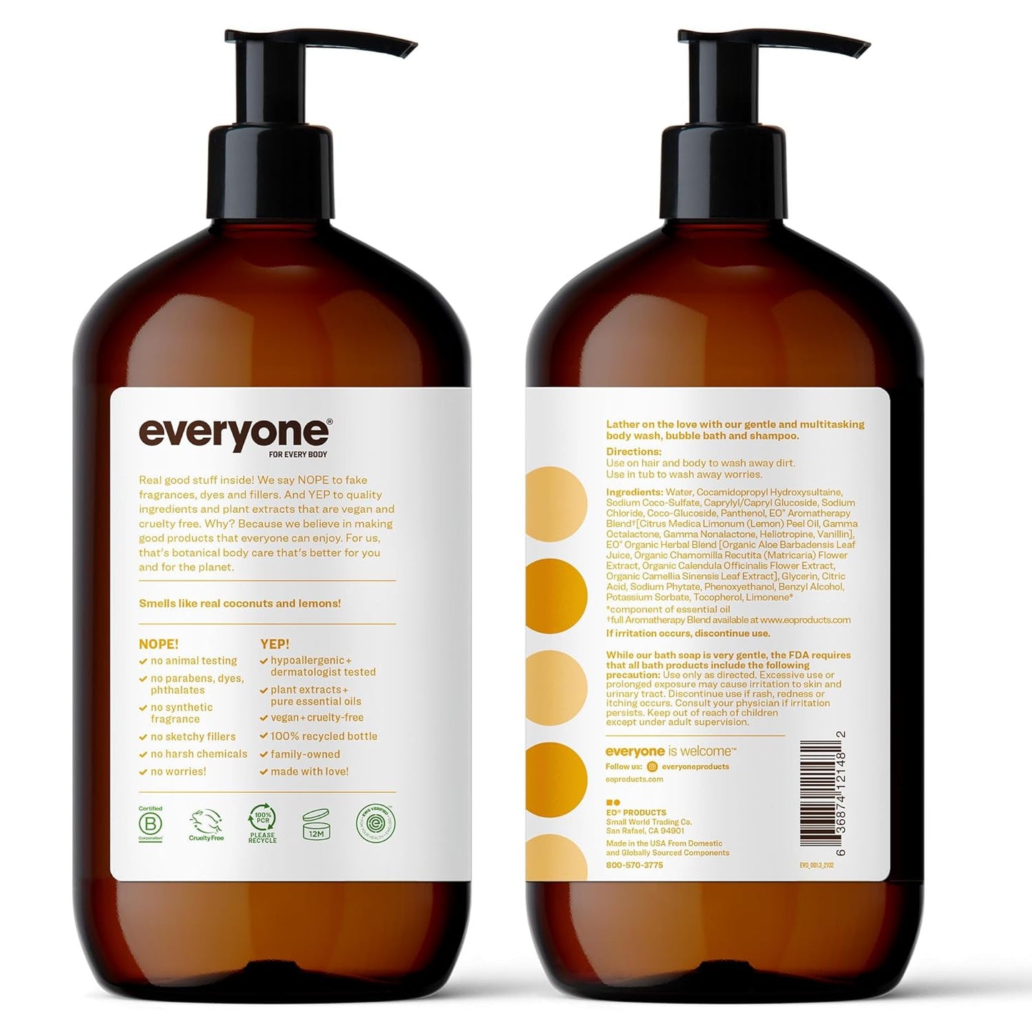 3-In-1 Soap, Body Wash, Bubble Bath, Shampoo, 32 Ounce (Pack of 2), Coconut and