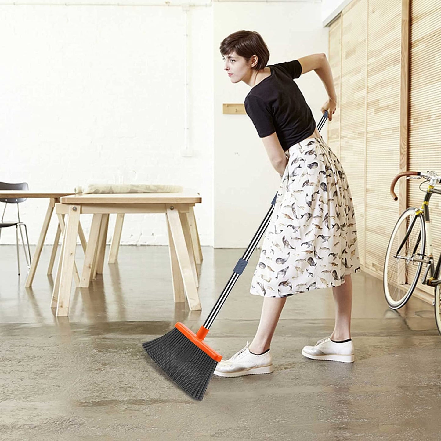 Upgrade Broom and Dustpan Set, Self-Cleaning with Dustpan Teeth, Indoor&Outdoor