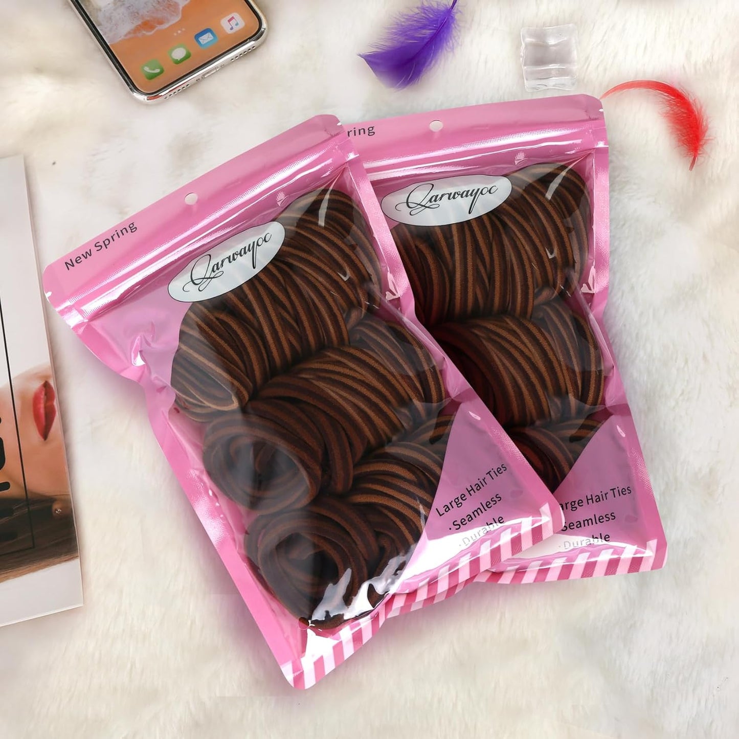 50PCS Thick Hair Ties, Cotton Hair Bands for Thick Curly Heavy Hair, Brown, 2 In