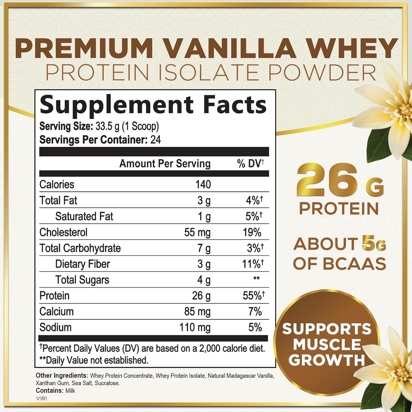 100% Whey Protein Powder, Creamy Vanilla Whey Isolate 26G Protein & Bcaas - Supp