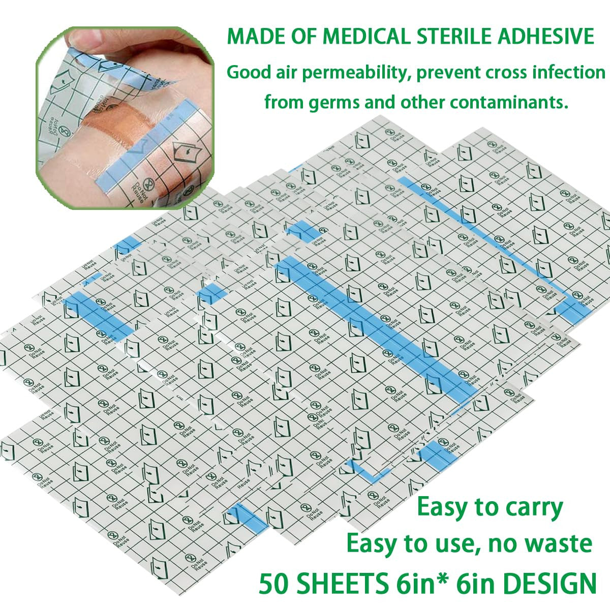 50 Pieces 6 X 6 in Stretch Waterproof Adhesive Bandages Transparent Film for Tat