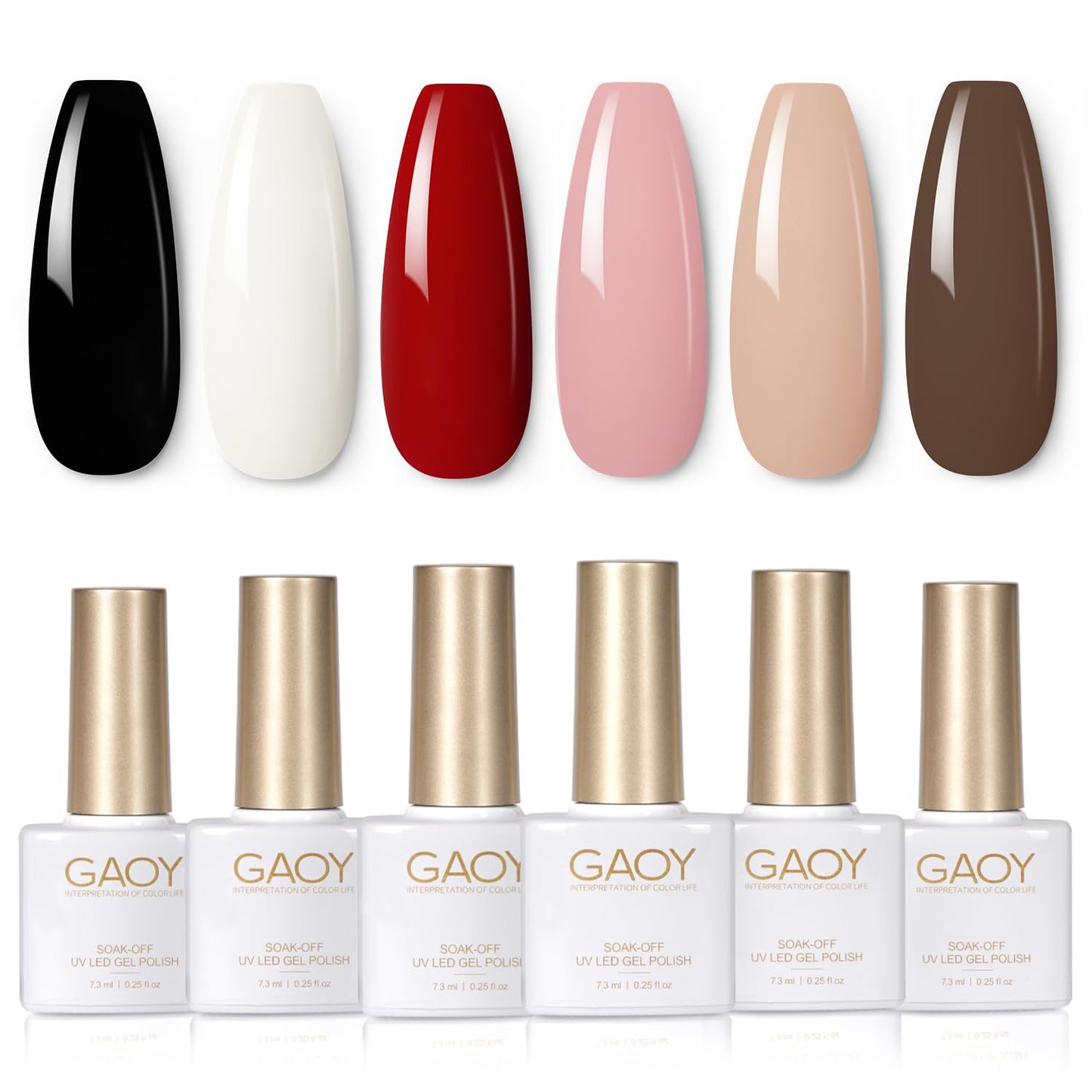White Red Black Gel Nail Polish Set, 6 Colors Brown Pink Nude Soak off UV Light