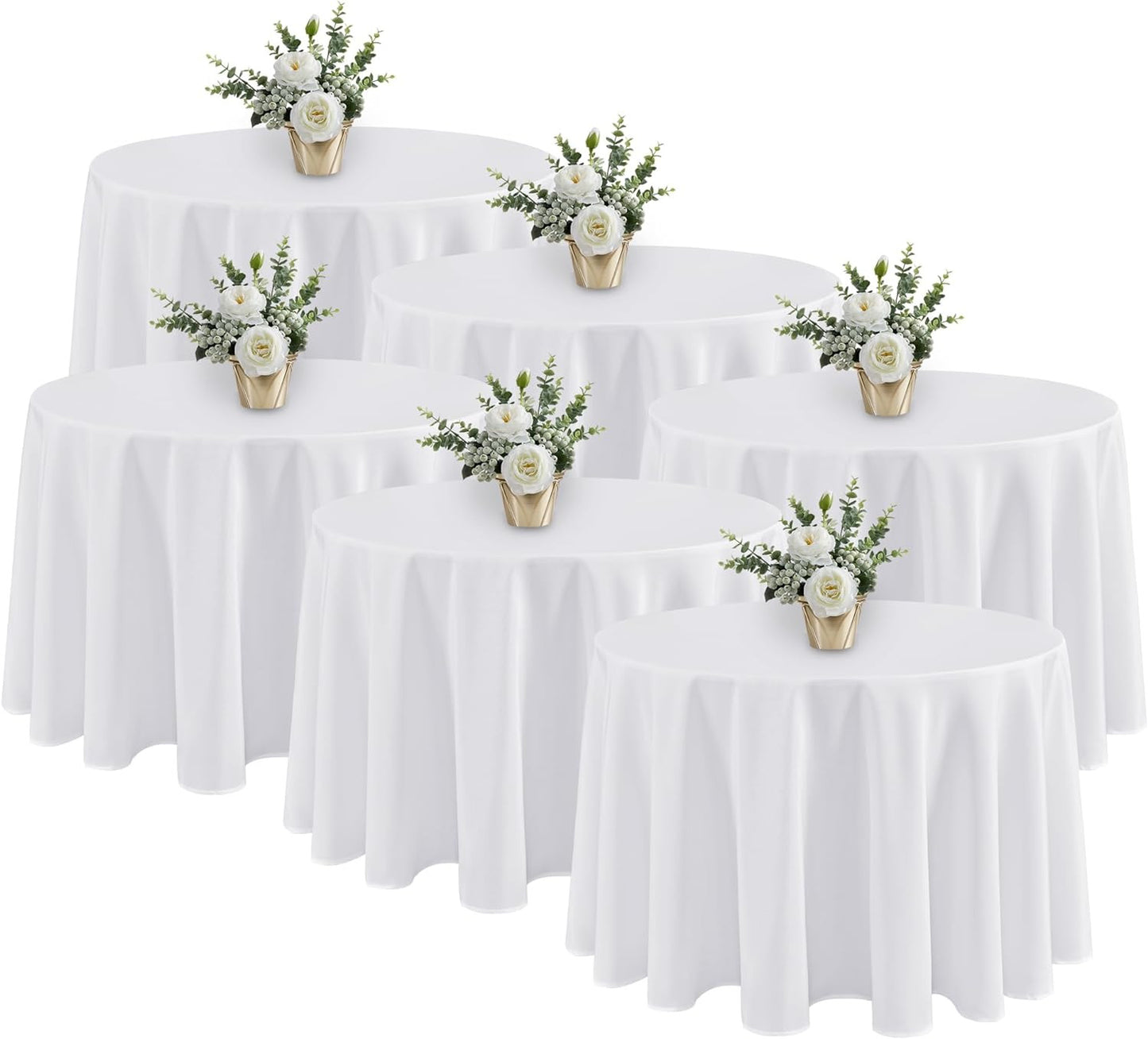 6 Pack White round Tablecloths - 120 Inches in Diameter - Stain Resistant and Wa