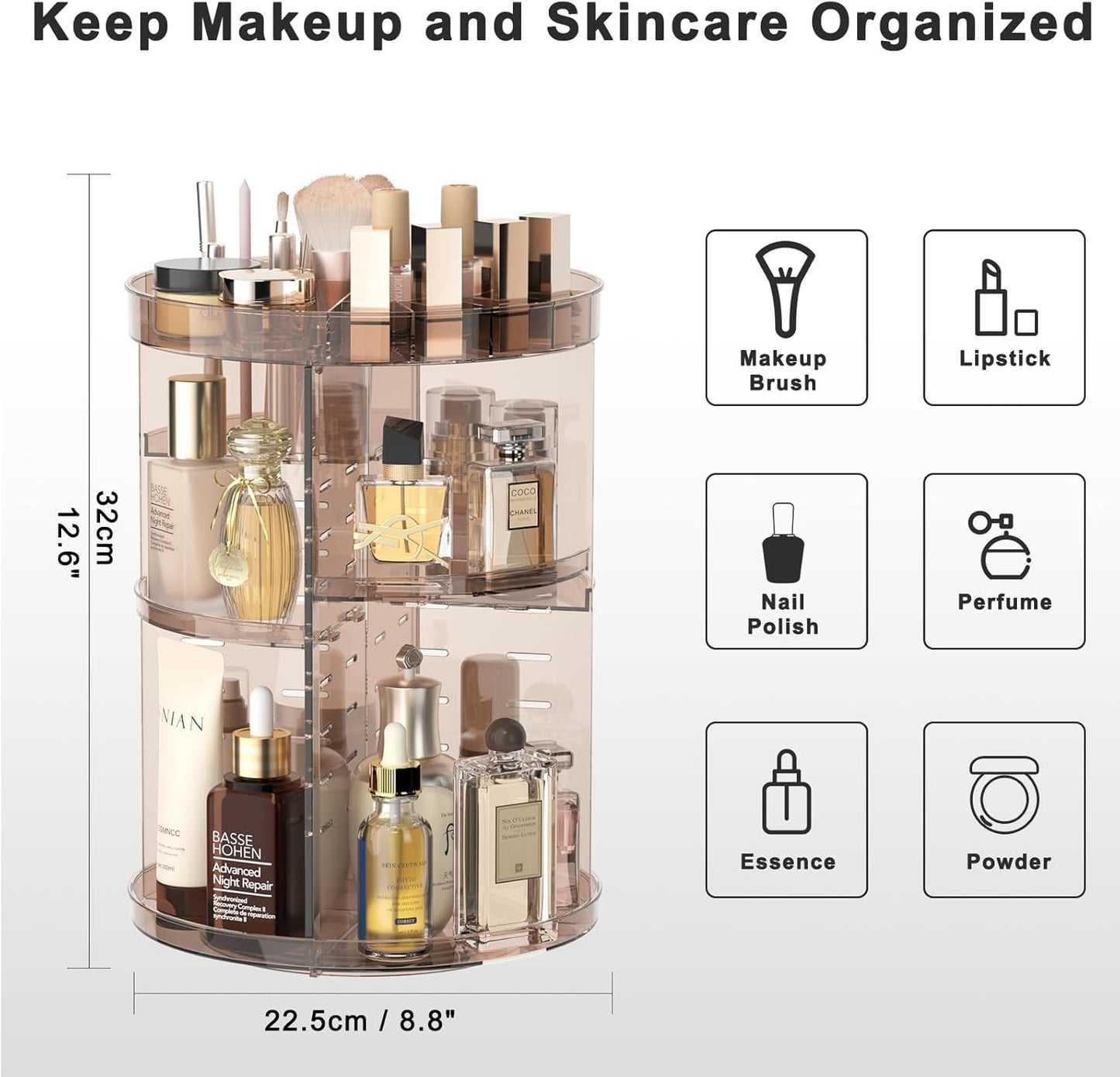 360 Rotating Makeup Organizer with Lipstick Slots, DIY 8 Adjustable Height Spinn