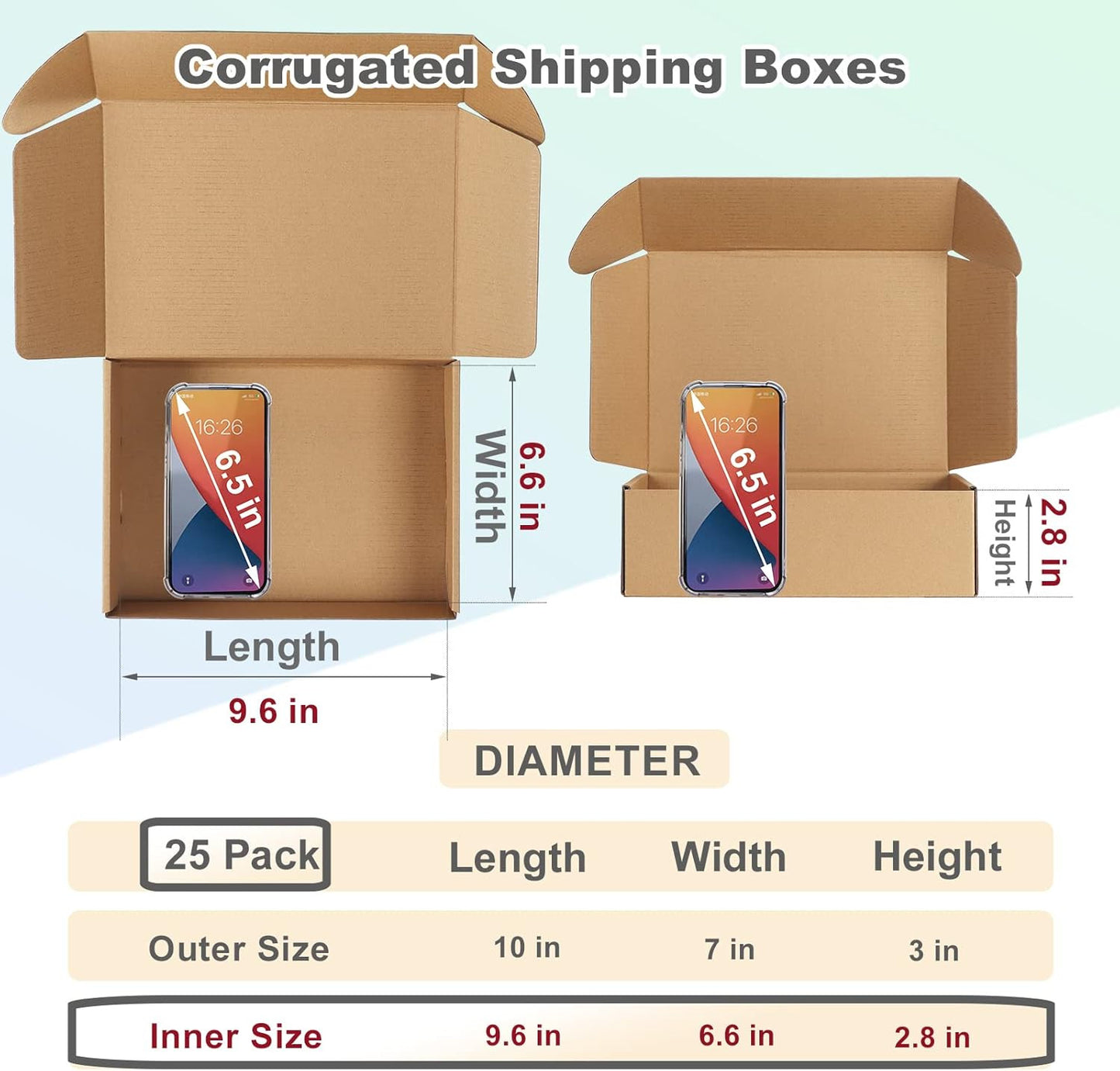 10X7X3 Inches Shipping Boxes Pack of 25, Corrugated Cardboard Box for Mailing Pa