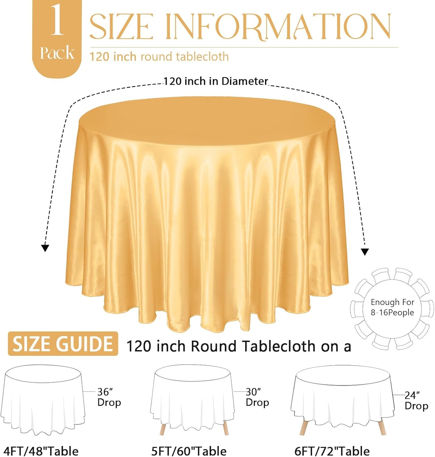 1 Pack 120 Inch round Tablecloth Satin Gold round Table Cover, Silky Satin Dinin