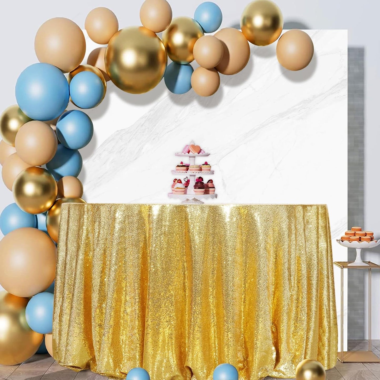 120" round Sequin Tablecloth, Thick Not See through Gold Table Cloth for Wedding