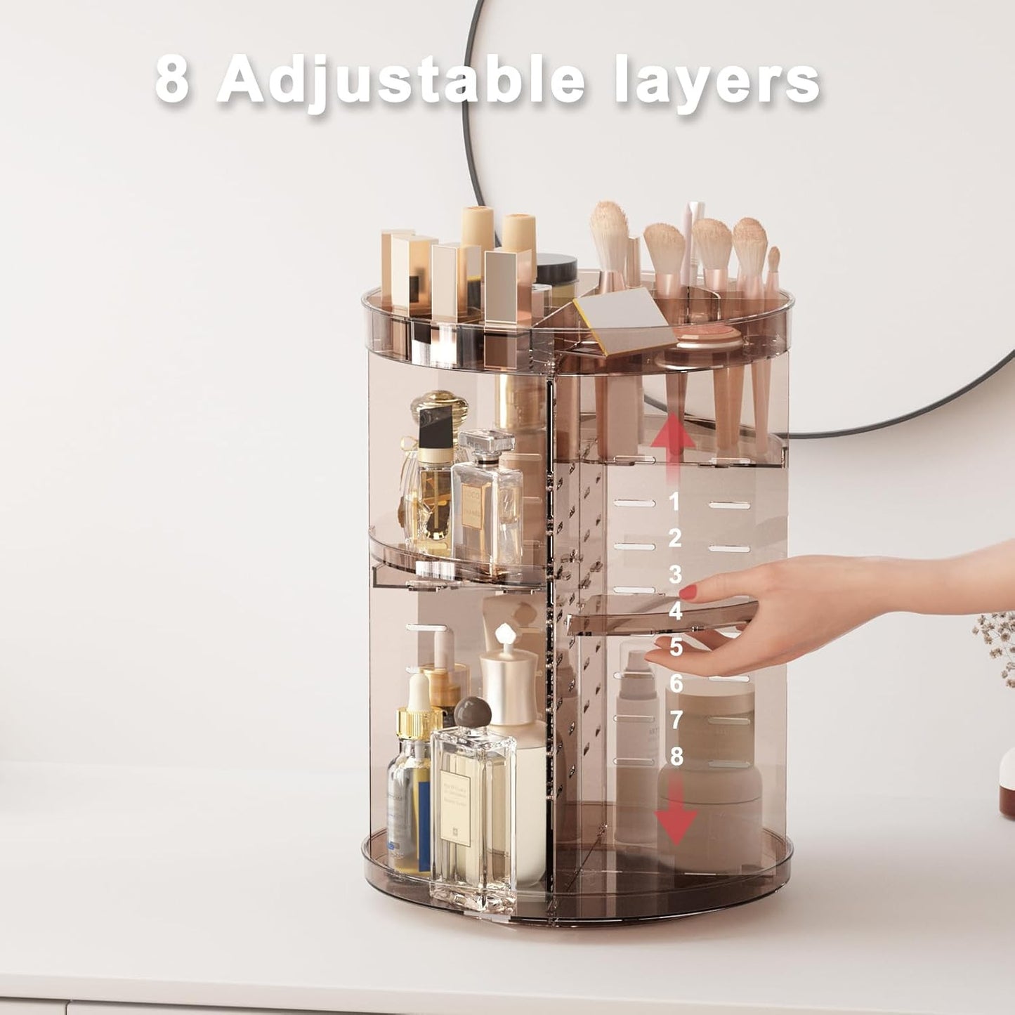 360 Rotating Makeup Organizer with Lipstick Slots, DIY 8 Adjustable Height Spinn