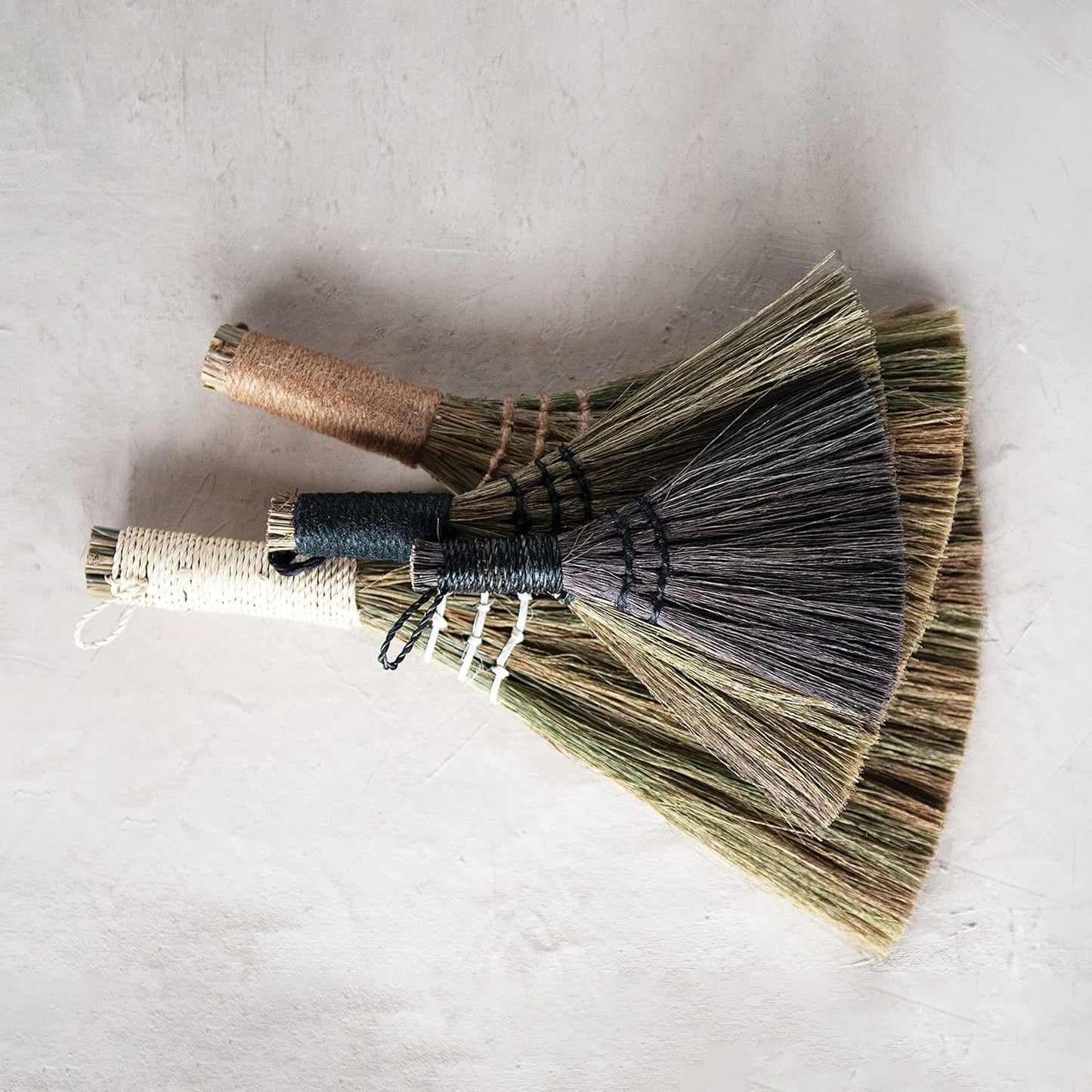 Whisk Brooms with Yarn Wrapped Handles, Multi Color Neutrals, Set of 4
