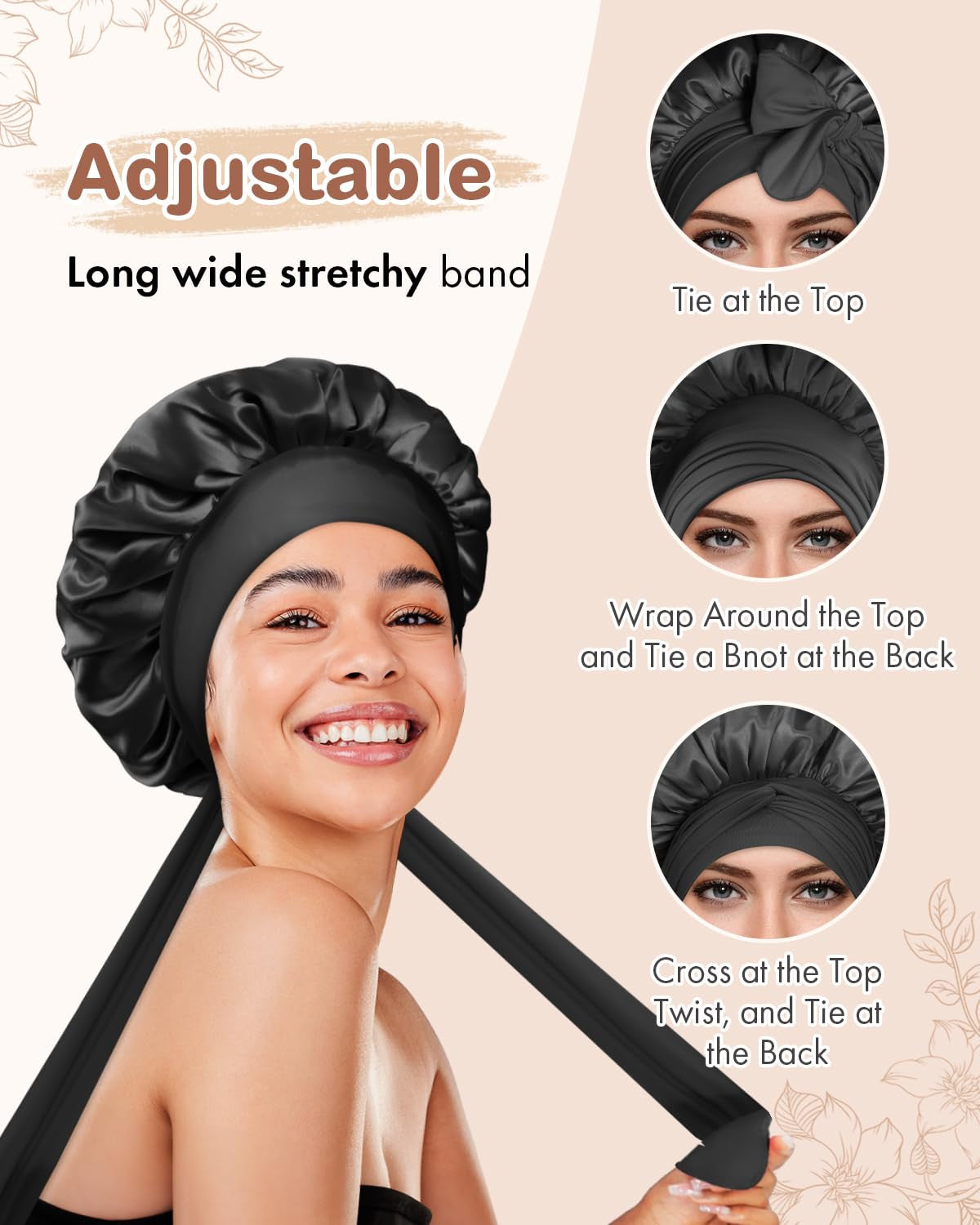 2Pcs Pack Satin Bonnet Silk Bonnet for Sleeping Hair Bonnet with Tie Band Sleep