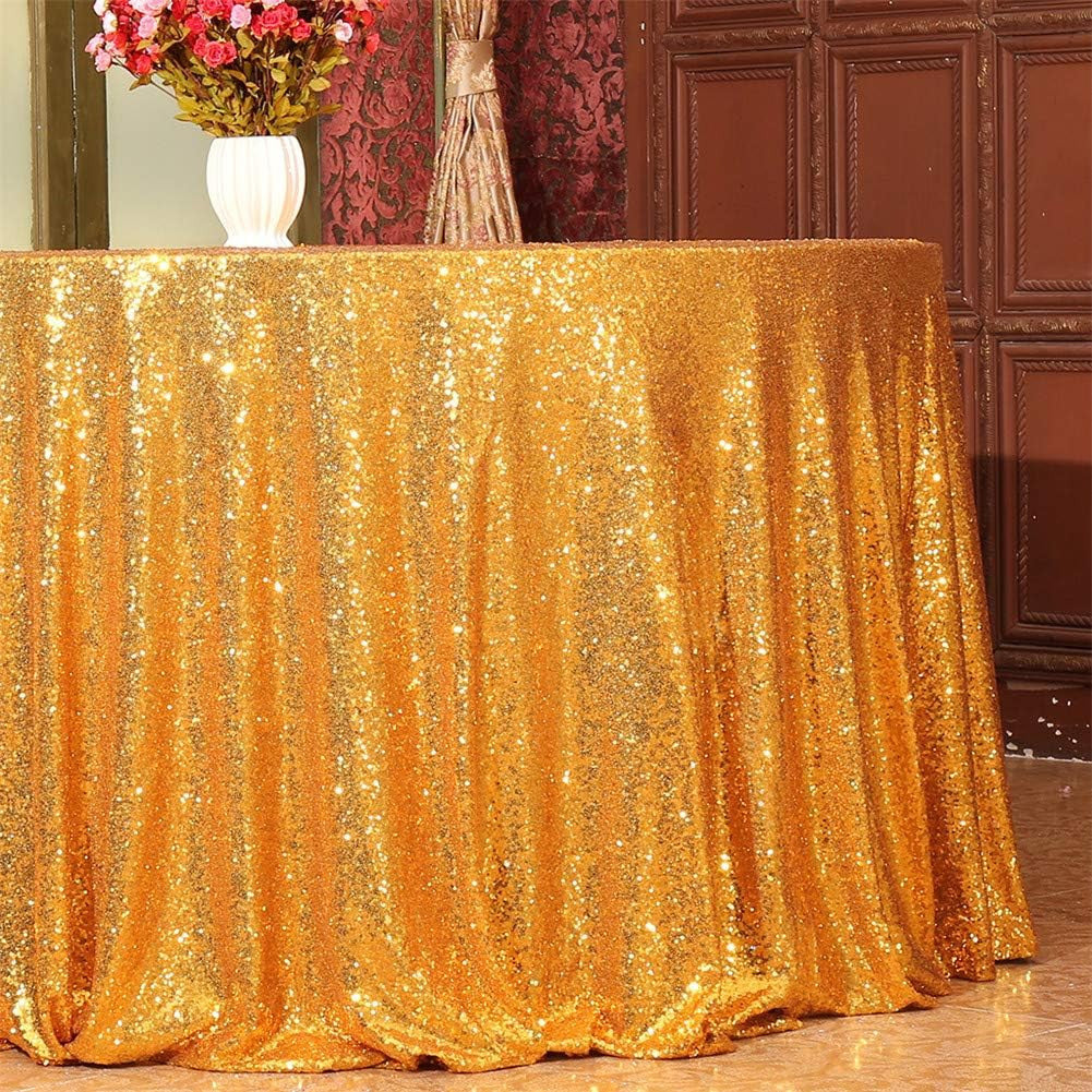 Yellow Gold Sequin Tablecloth 120-Inch Sparkly Overlay round Glitter Table Cover