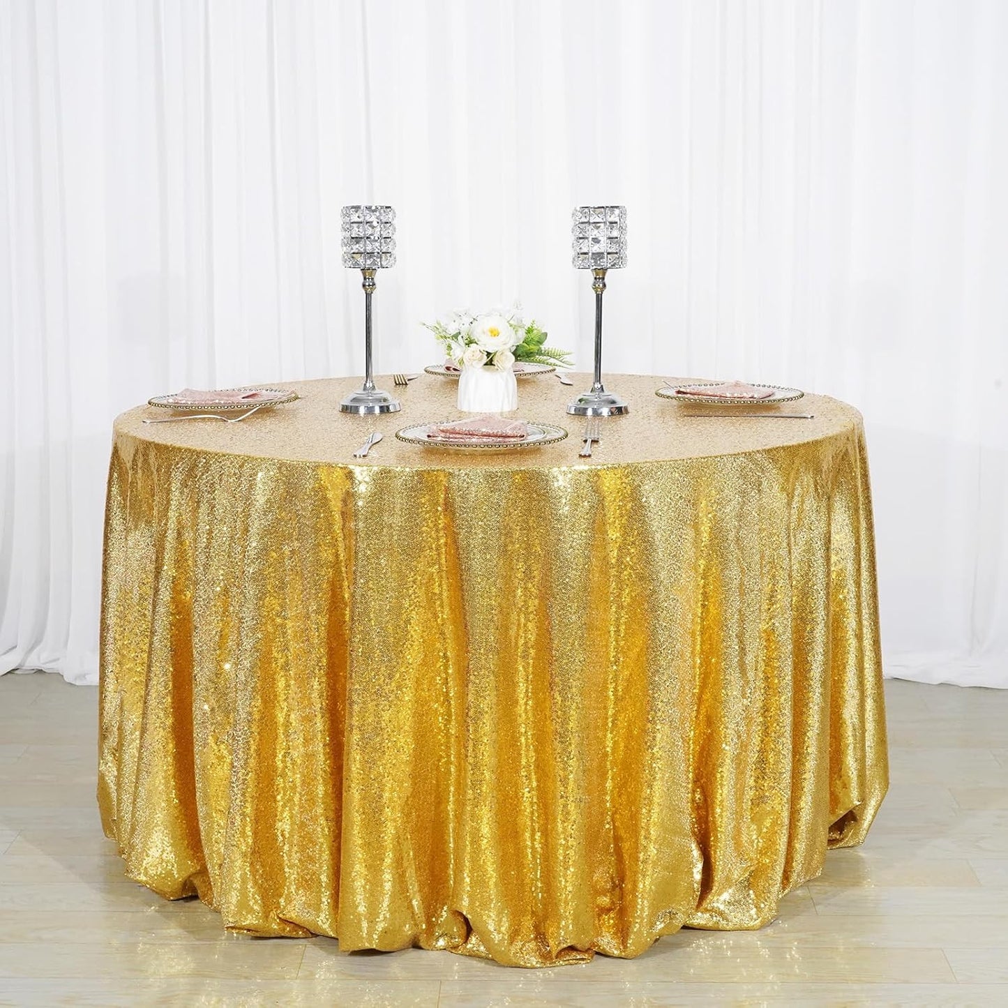 120" round Sequin Tablecloth, Thick Not See through Gold Table Cloth for Wedding