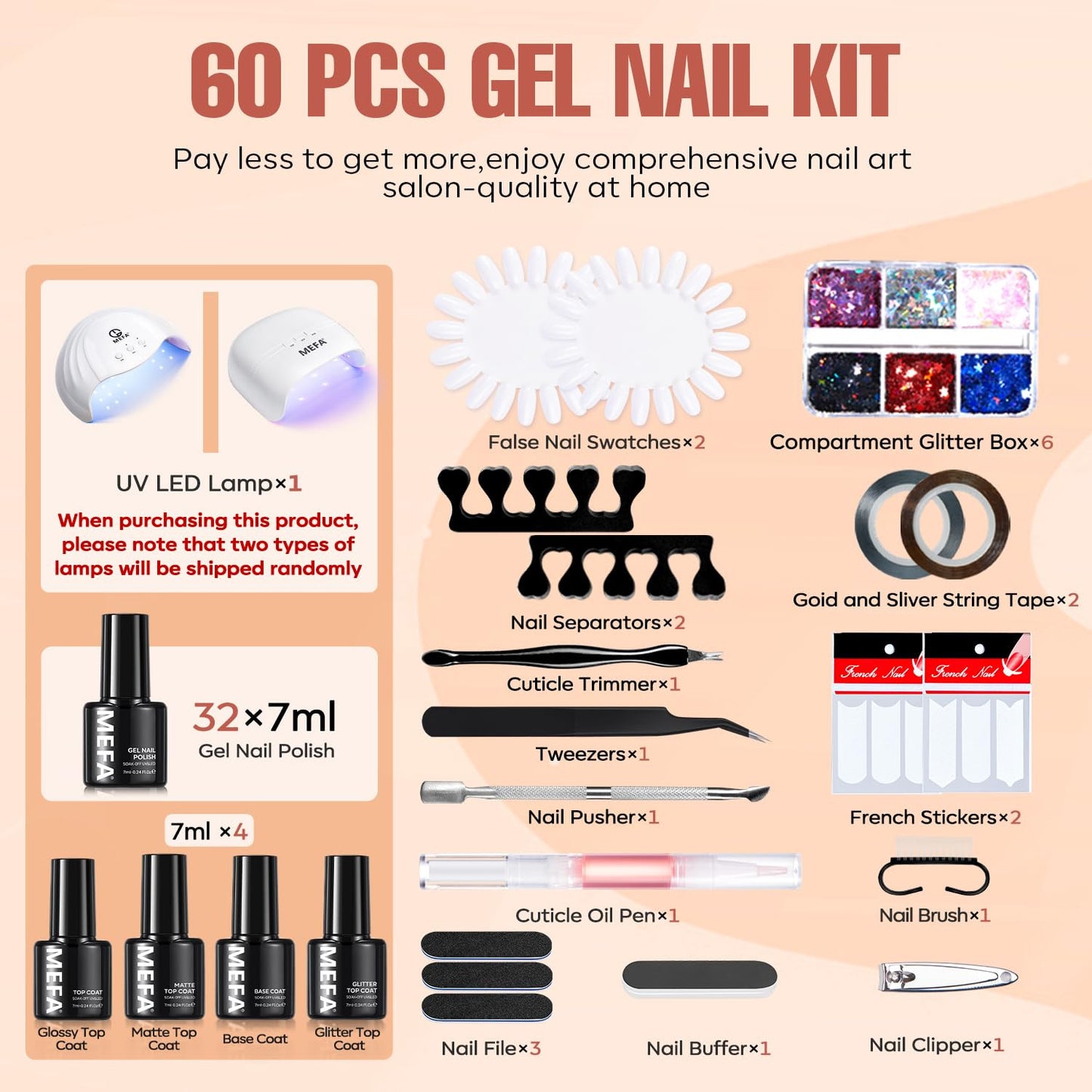 60 Pcs Gel Nail Polish Kit with U V Light, 32 Colors All Seasons Nude Gel Nail P
