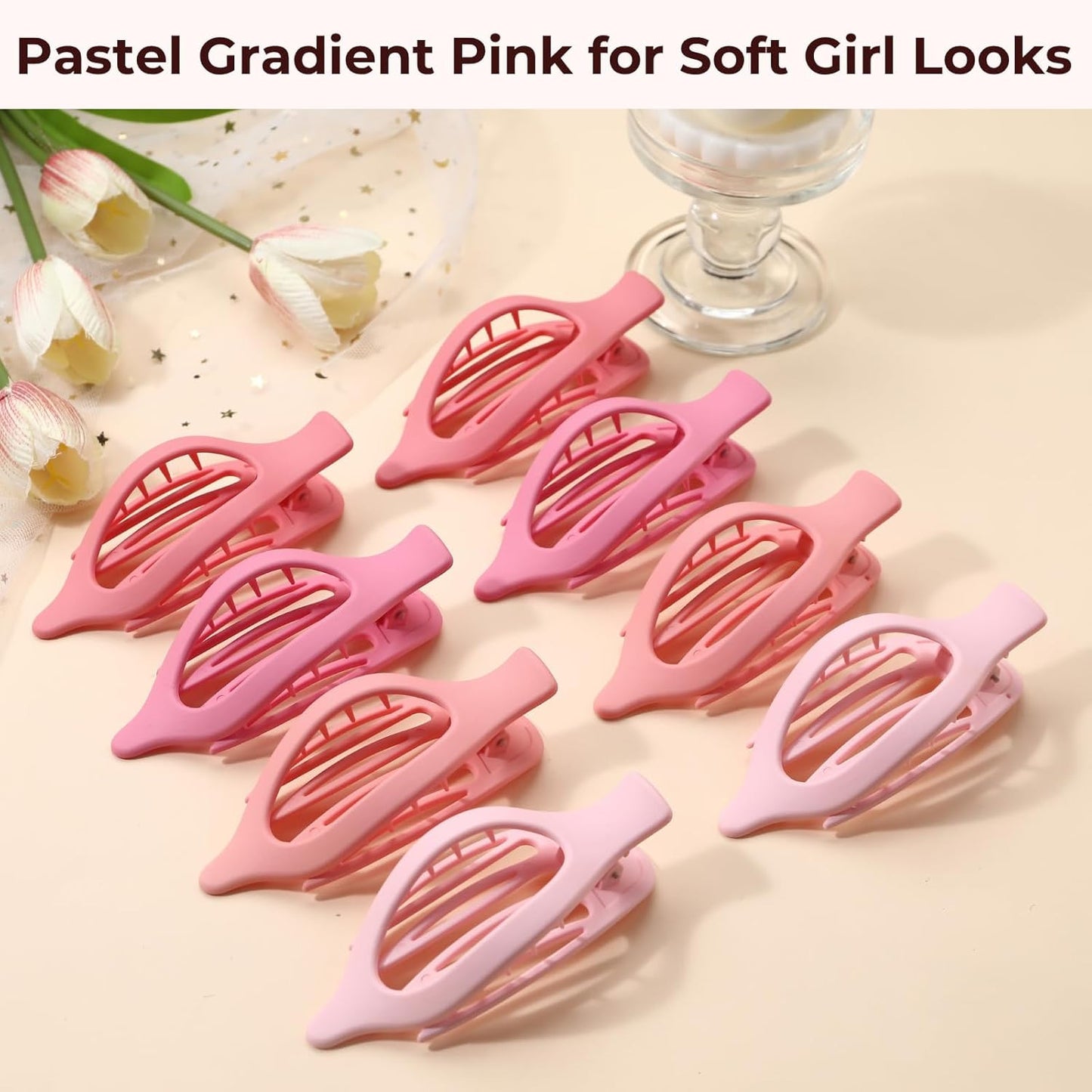 8 Pack Pastel Pink Flat Hair Clips – Cute Matte Gradient Claw Clips for Girls &