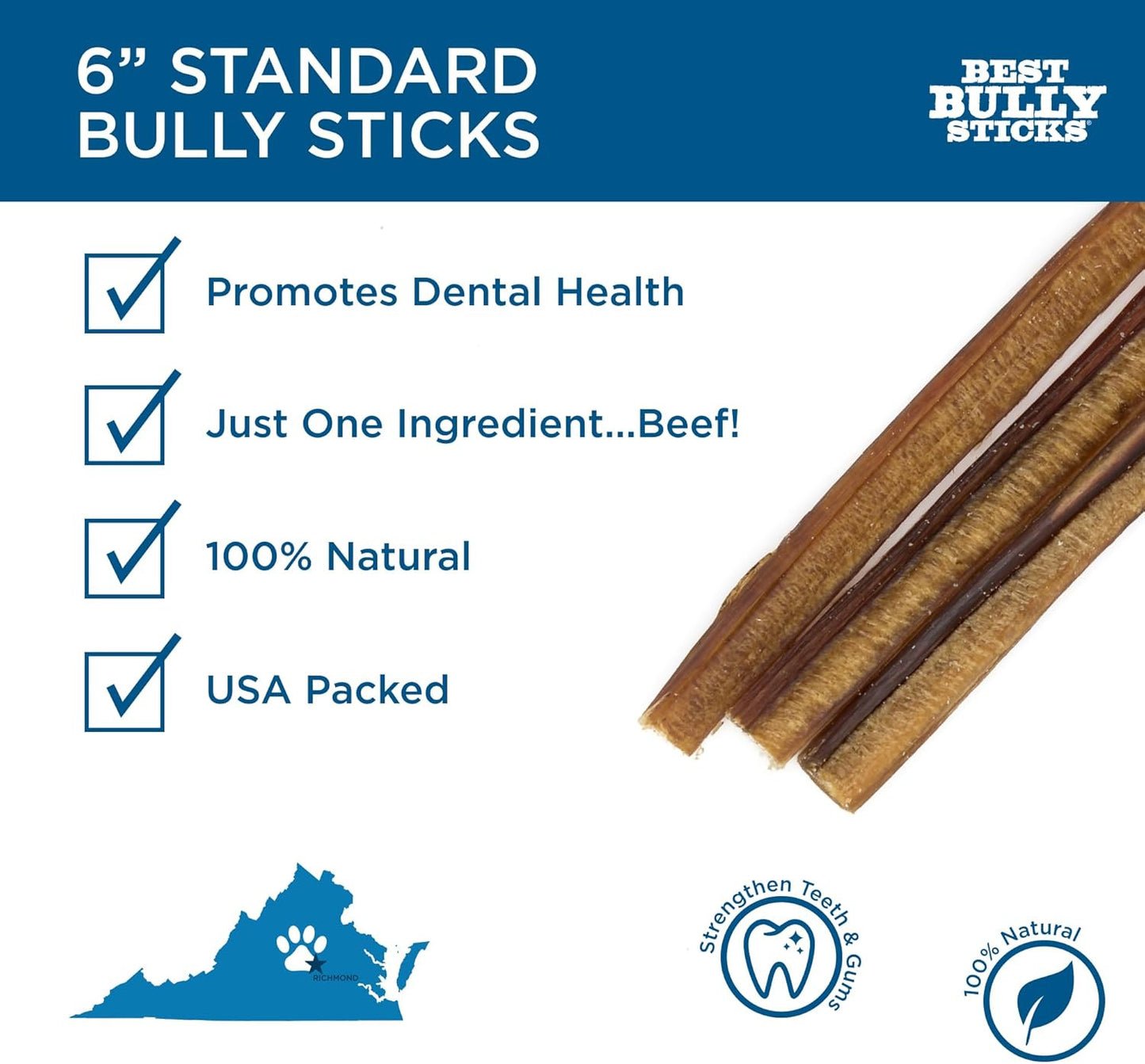 6 Inch Bully Sticks - 8 Oz (Pack of 1) - Natural Grass-Fed, Grain and Rawhide Fr