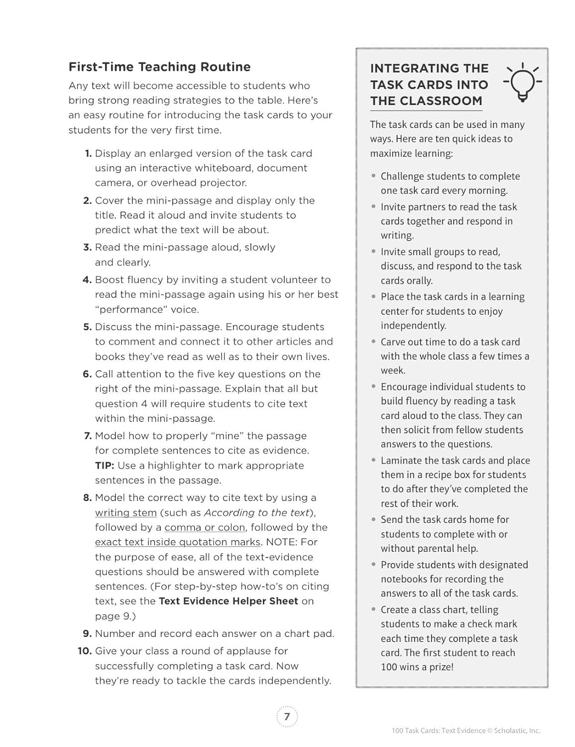 100 Task Cards: Text Evidence: Reproducible Mini-Passages with Key Questions to