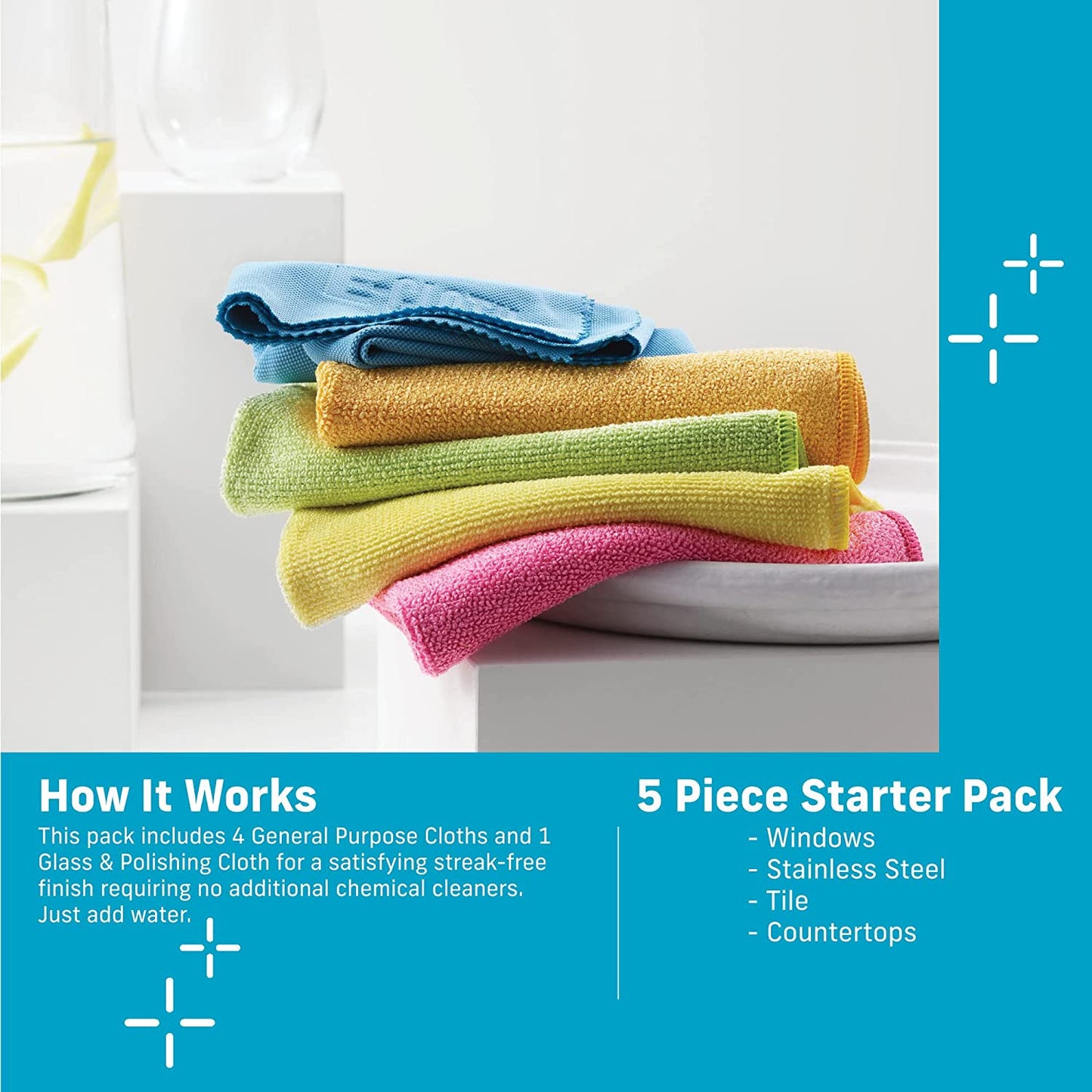 5-Pc Starter Pack- Microfiber Cleaning Cloth Set with Reusable Cleaning Cloth an