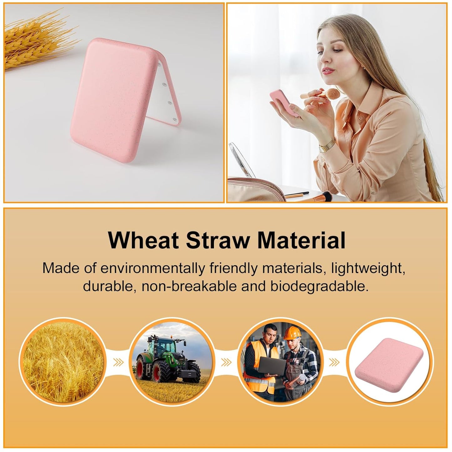 Wheat Straw Pocket Mirror, 1X/3X Magnification Travel Mirror for Purse, Lighted