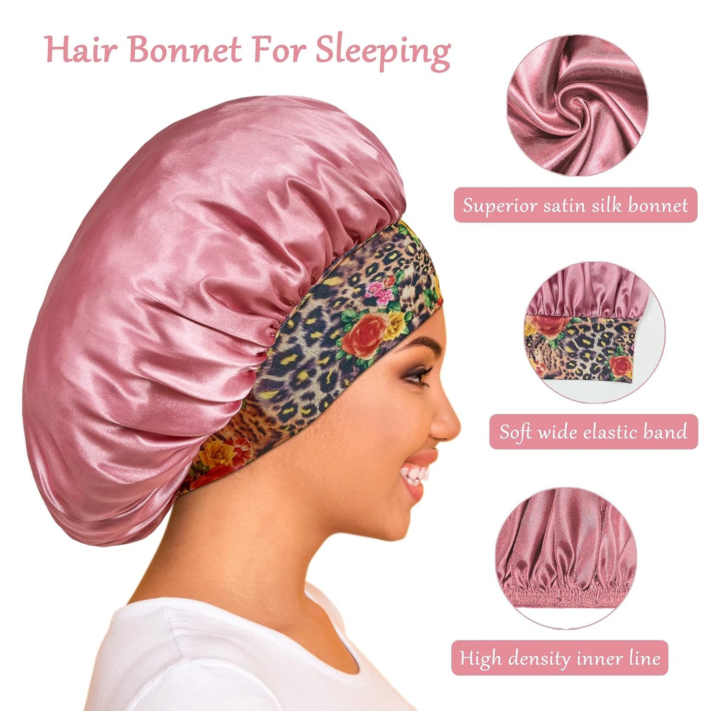 3 Pack Satin Bonnet Silk Hair Bonnet for Sleeping, Sleep Bonnets for Women Large