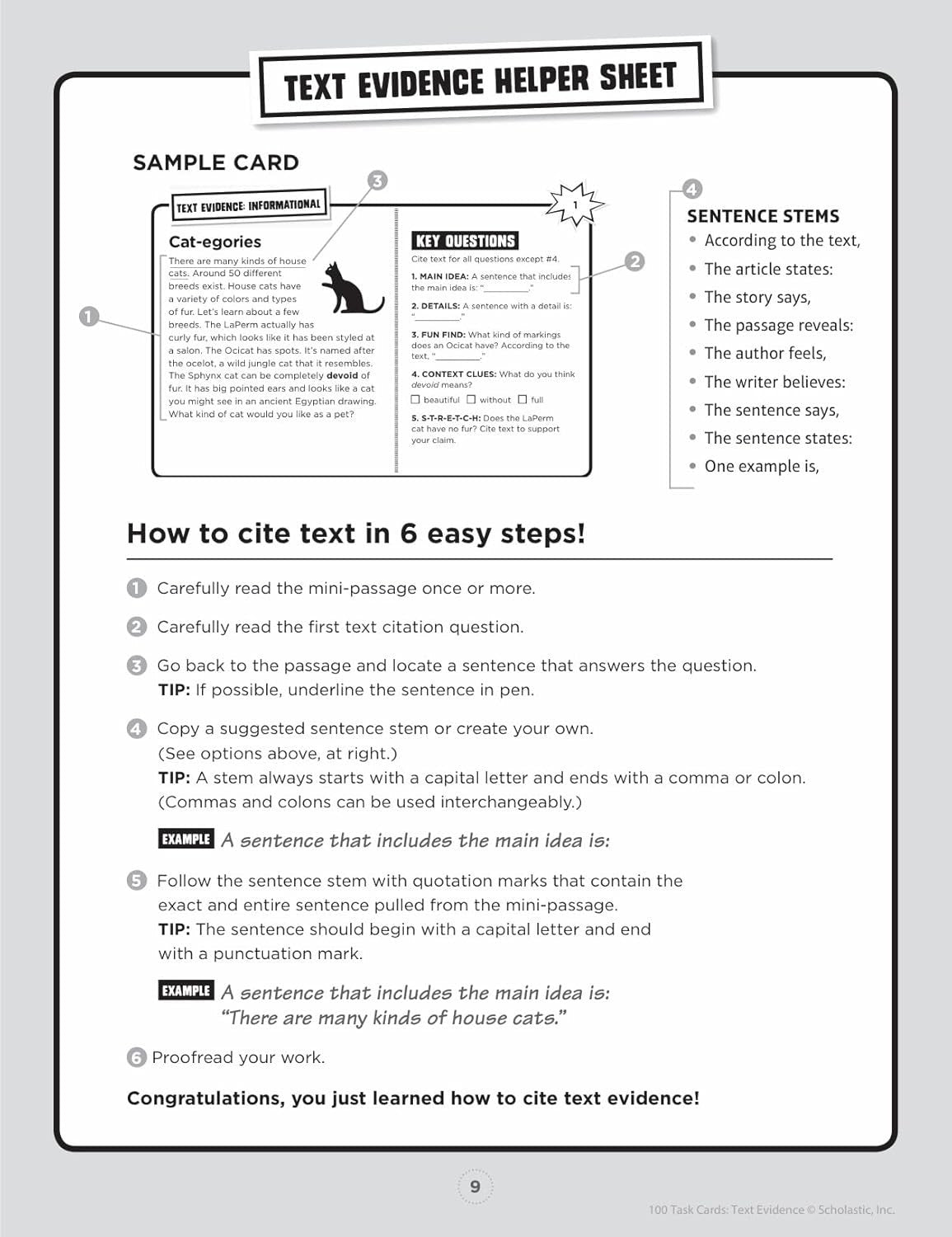 100 Task Cards: Text Evidence: Reproducible Mini-Passages with Key Questions to