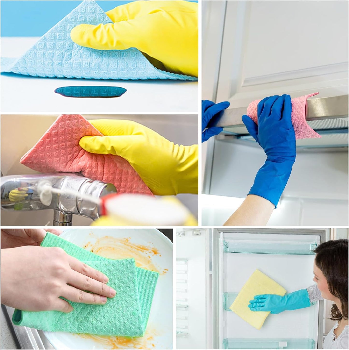 10 Pack Swedish Dishcloths, Reusable Cellulose Sponge Cloths with Adhesive Clips