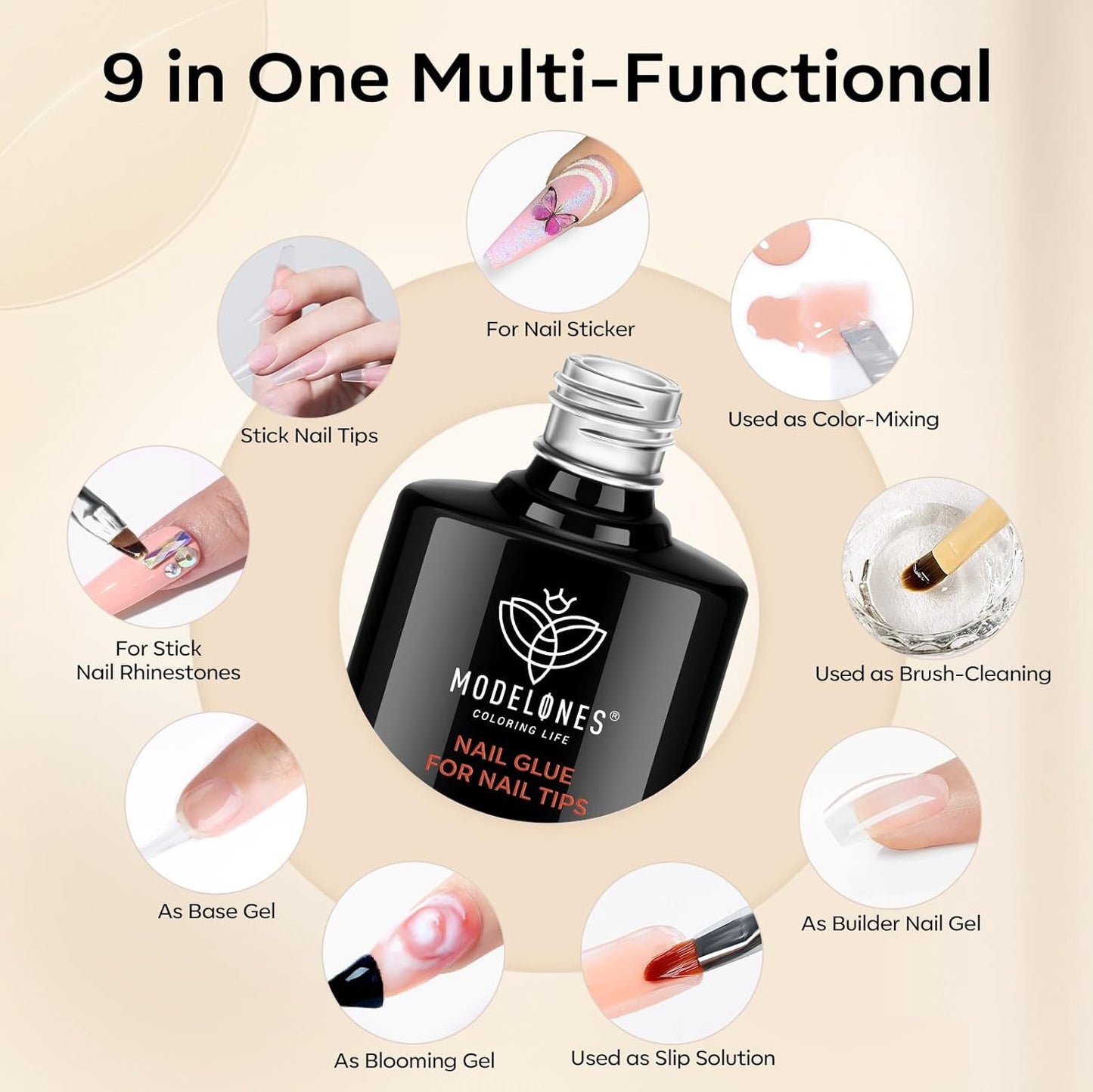 9 in One Gel Nail Glue Brush on Nail Glue 15 Ml for Tips, Rhinestones, Base Coat