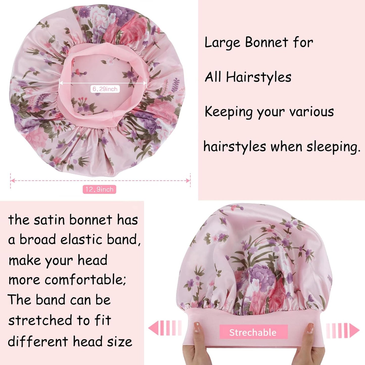 3 Pack Satin Bonnet Silk Hair Bonnet for Sleeping, Sleep Bonnets for Women Large
