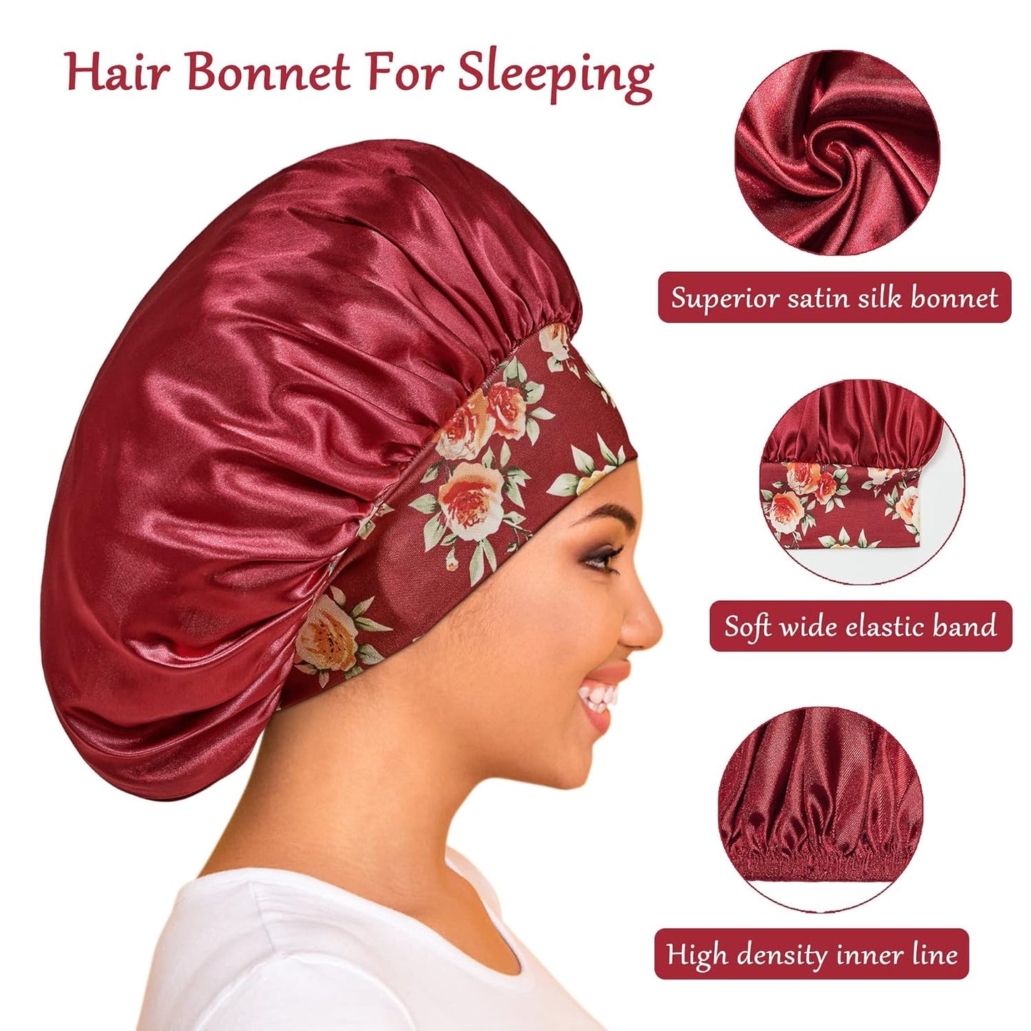 3 Pack Satin Bonnet Silk Hair Bonnet for Sleeping, Sleep Bonnets for Women Large