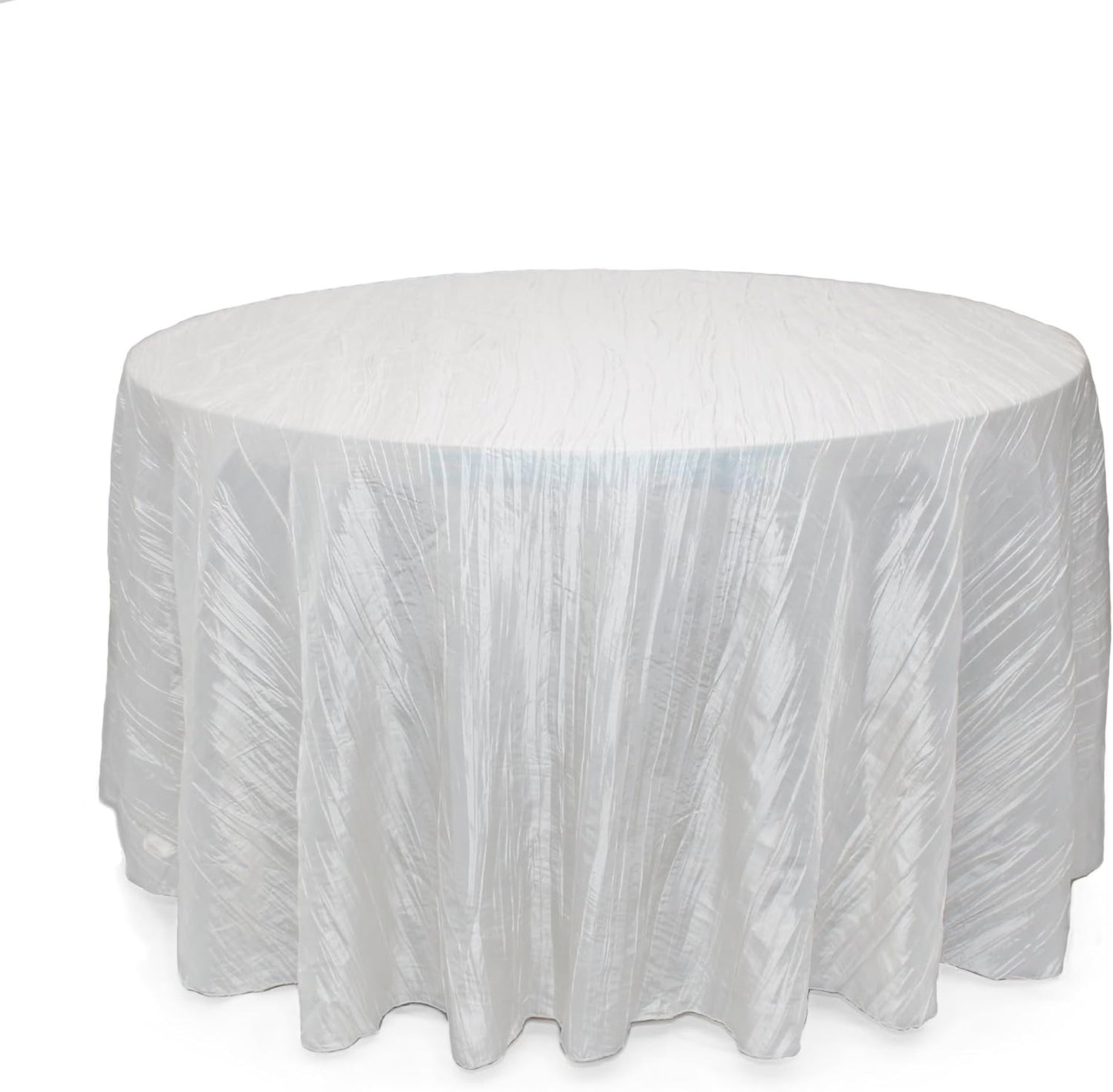 - 120 Inch round Crinkle Taffeta Tablecloth - White, Crushed Shiny Dining Table