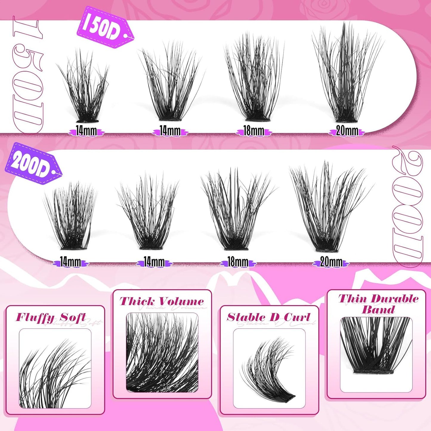 Wispy Individual Lashes Clusters Fluffier Eyelash Extension 150D+200D Thick Volu