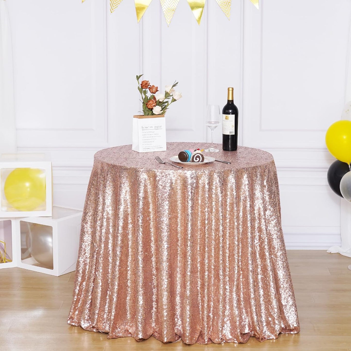 120 Inch round Rose Gold Sequin Tablecloth for Party Cake Dessert Table Exhibiti
