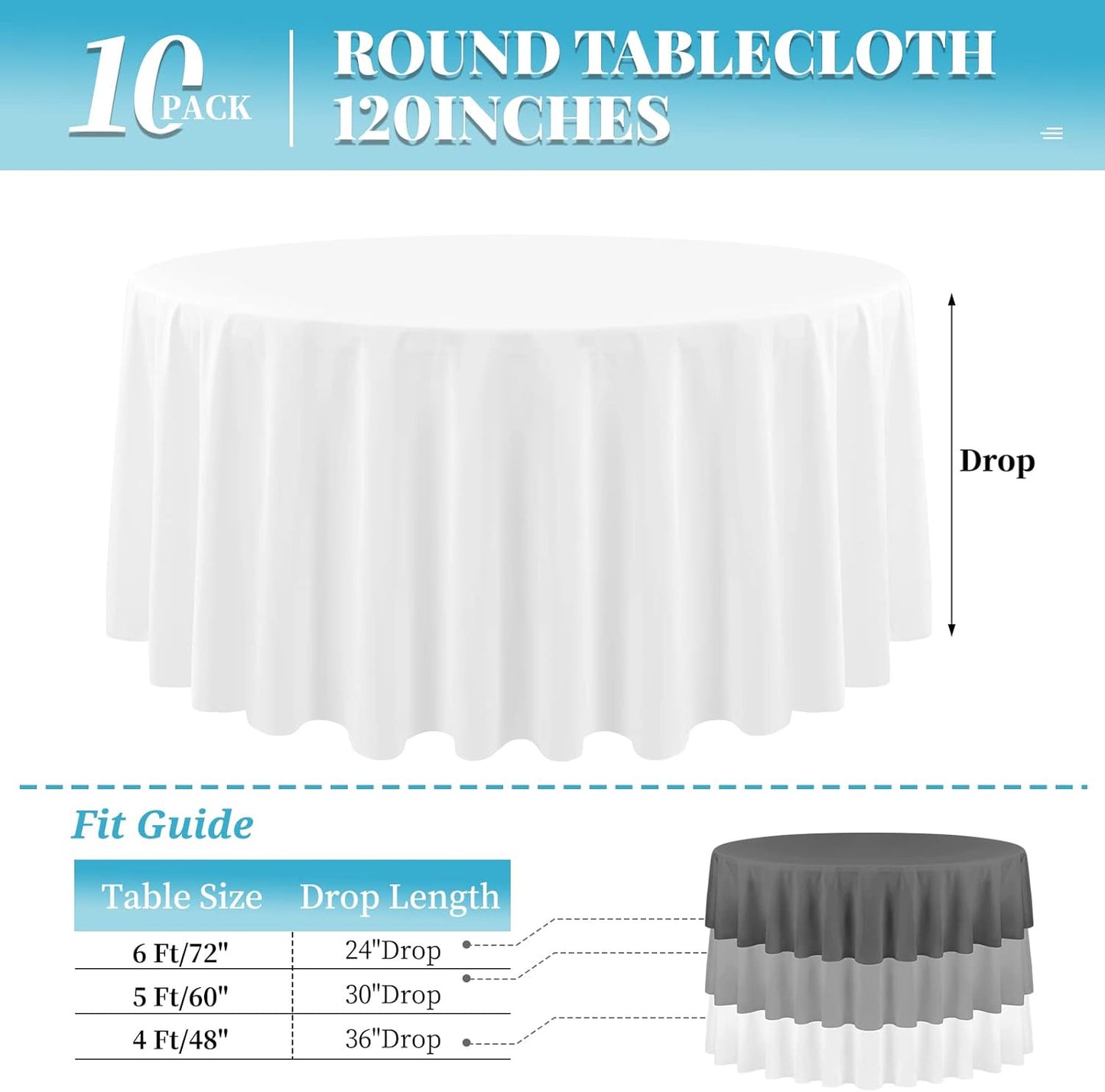 10 Pack round Table Cloths White round Tablecloth 120 Inch Washable Polyester Fa