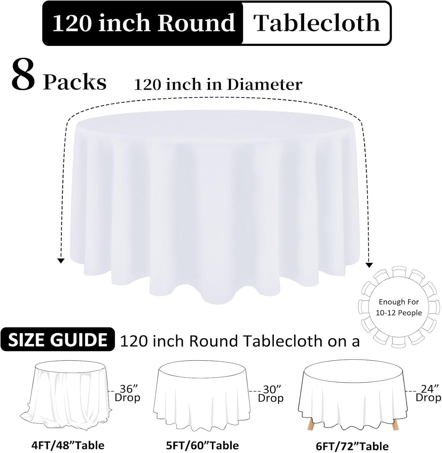 8 Pack White round Tablecloth 120 Inch White Table Cloth Stain and Wrinkle Resis