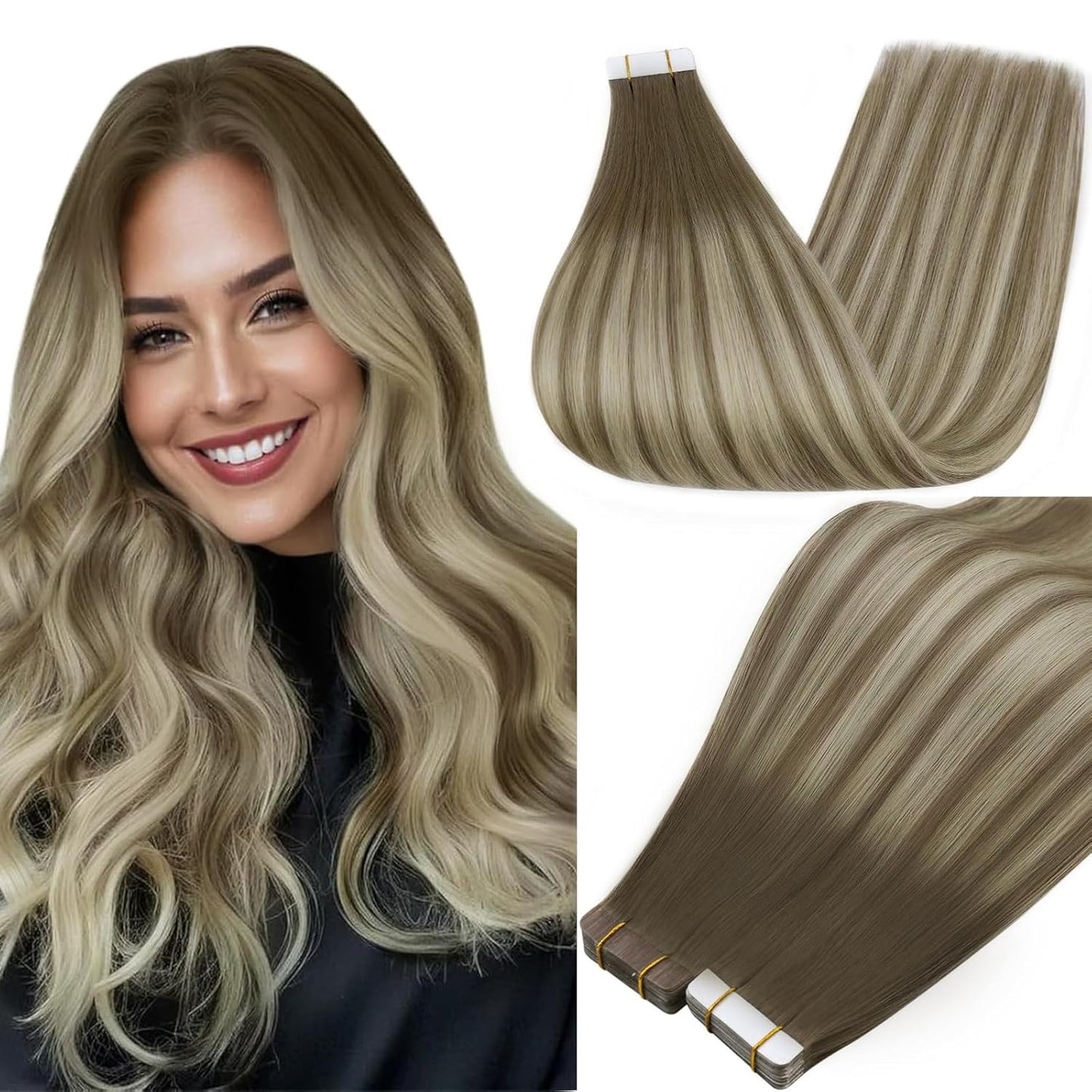 Tape Ins Human Hair Extensions Color 7 Brown Fading to 1000 Blonde and 7 Tape in
