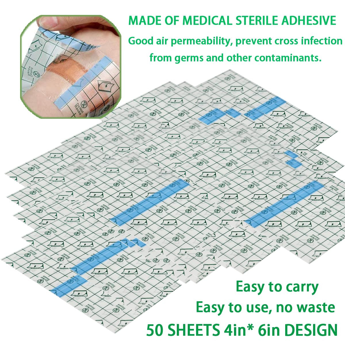 50 Pieces 4 X 6 in Stretch Waterproof Adhesive Bandages Transparent Film for Tat