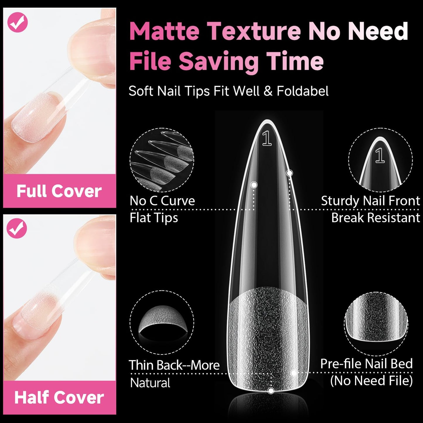 XXL Stiletto Nail Tips, 312Pcs Pre-Shape Extra Long Stiletto Nails Tips Half Mat