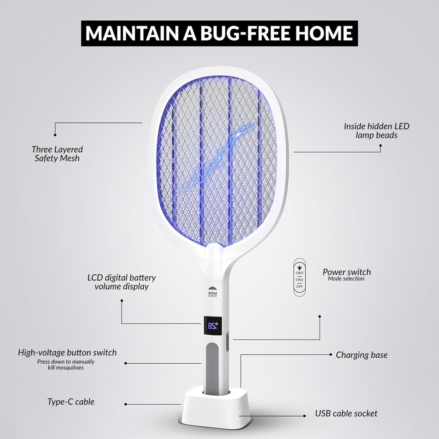 2 in 1 Electric Bug Zapper, Mosquitoes Trap Lamp & Racket, USB Rechargeable Elec