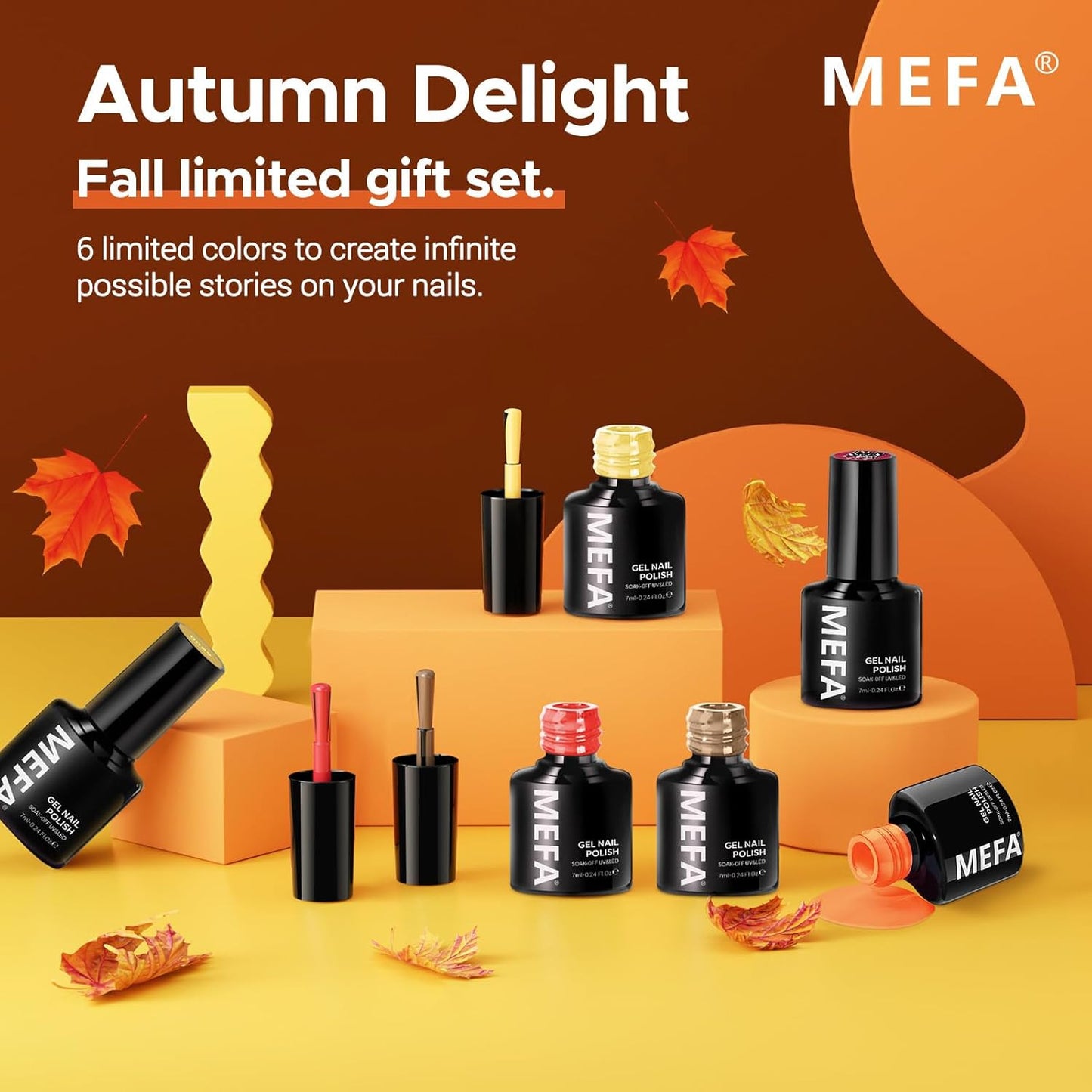 6 Colors Fall Gel Nail Polish Set, Shades Orange Red Brown Glitter Yellow Soak o