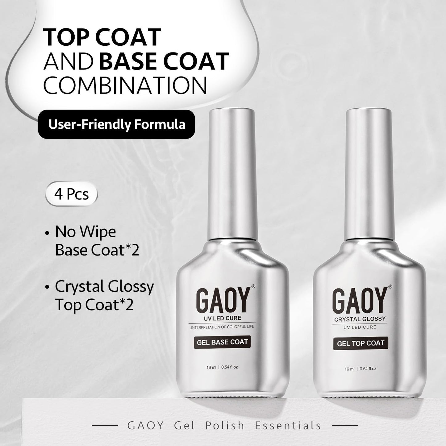 16Ml 4 Pcs Glassy Gel Top Coat and Base Coat Set, No Wipe Foundation Combination