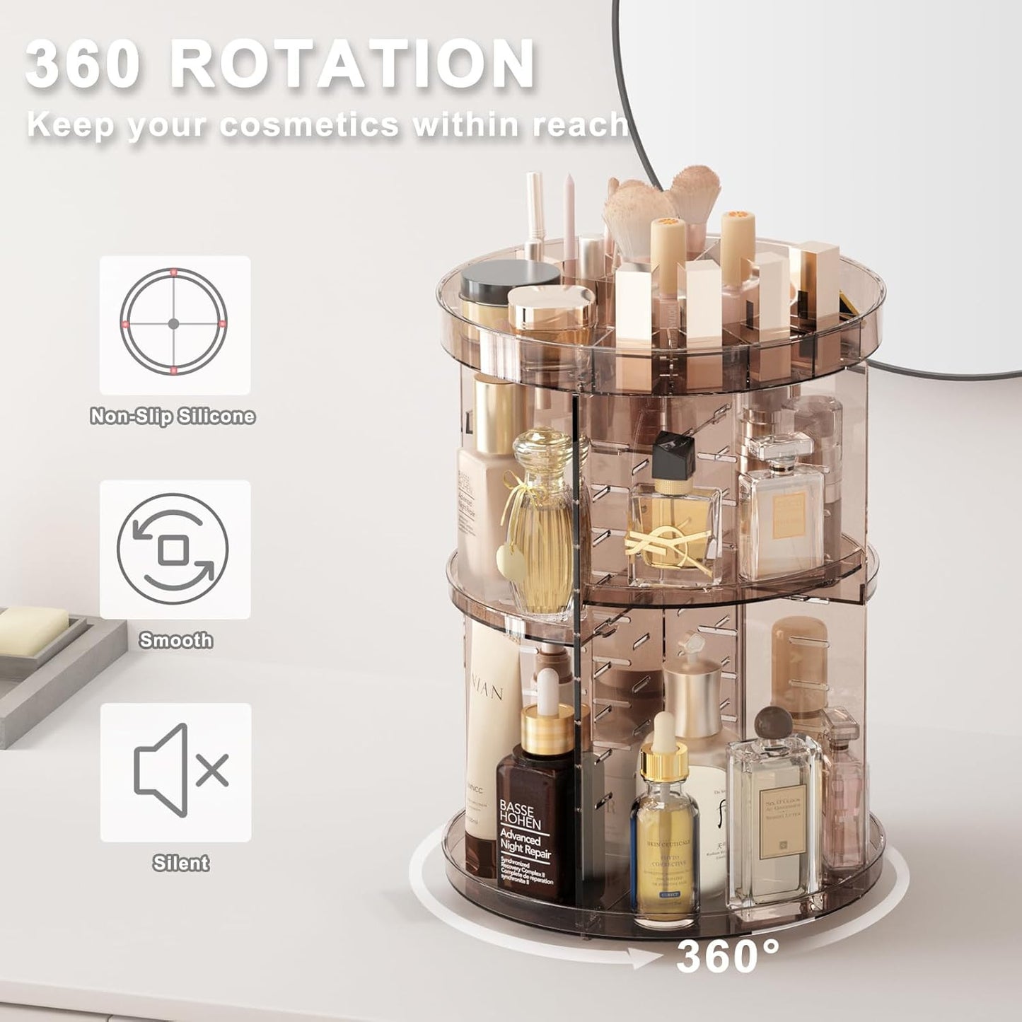360 Rotating Makeup Organizer with Lipstick Slots, DIY 8 Adjustable Height Spinn