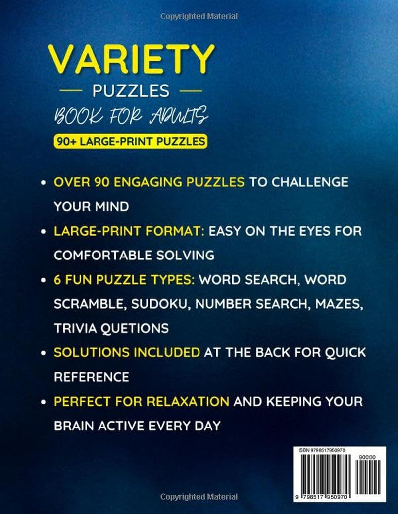 Variety Puzzle Book for Adults: 90+ Large-Print Puzzles Word Search, Sudoku, Wor