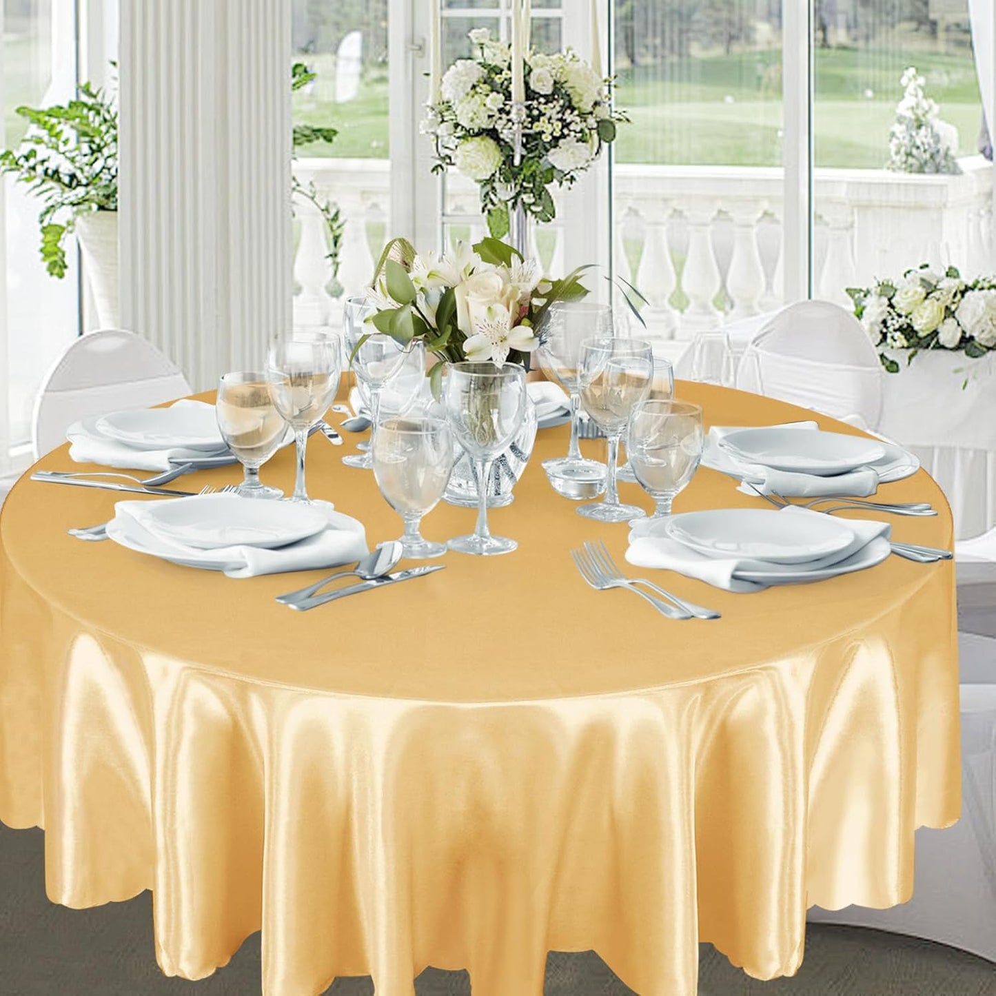 1 Pack 90 Inch / 7.5 Ft round Tablecloth, Light Gold Satin Table Cloth for 30-72