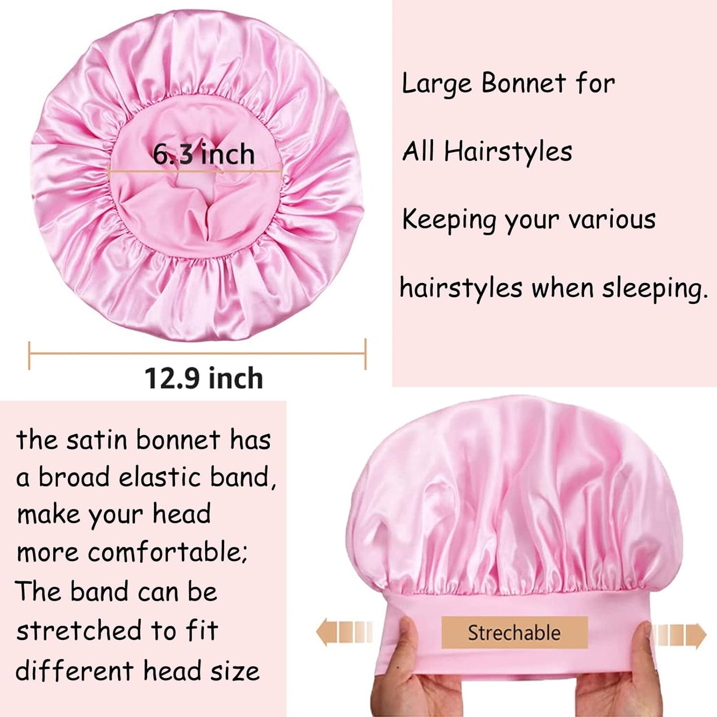 3 Pack Satin Bonnet Silk Hair Bonnet for Sleeping, Sleep Bonnets for Women Large